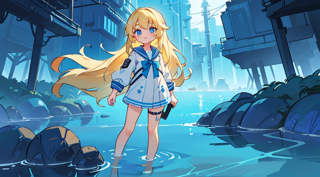 (1girl, blonde hair, long hair, blue eyes, sailor suit), (blue cyberpunk landscape, glowing blue color, clear water)