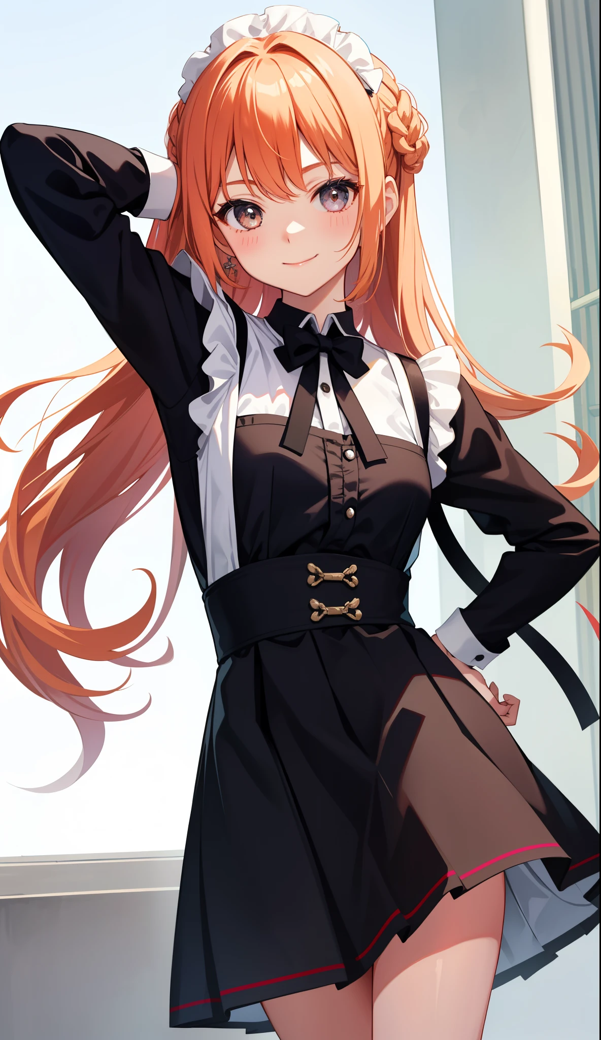1girl in、AS-Adult、、A smile、The shirt、skirt by the、(small tits)、doress、pinafore、hair adornments、(Maids)、Upper body portrait、