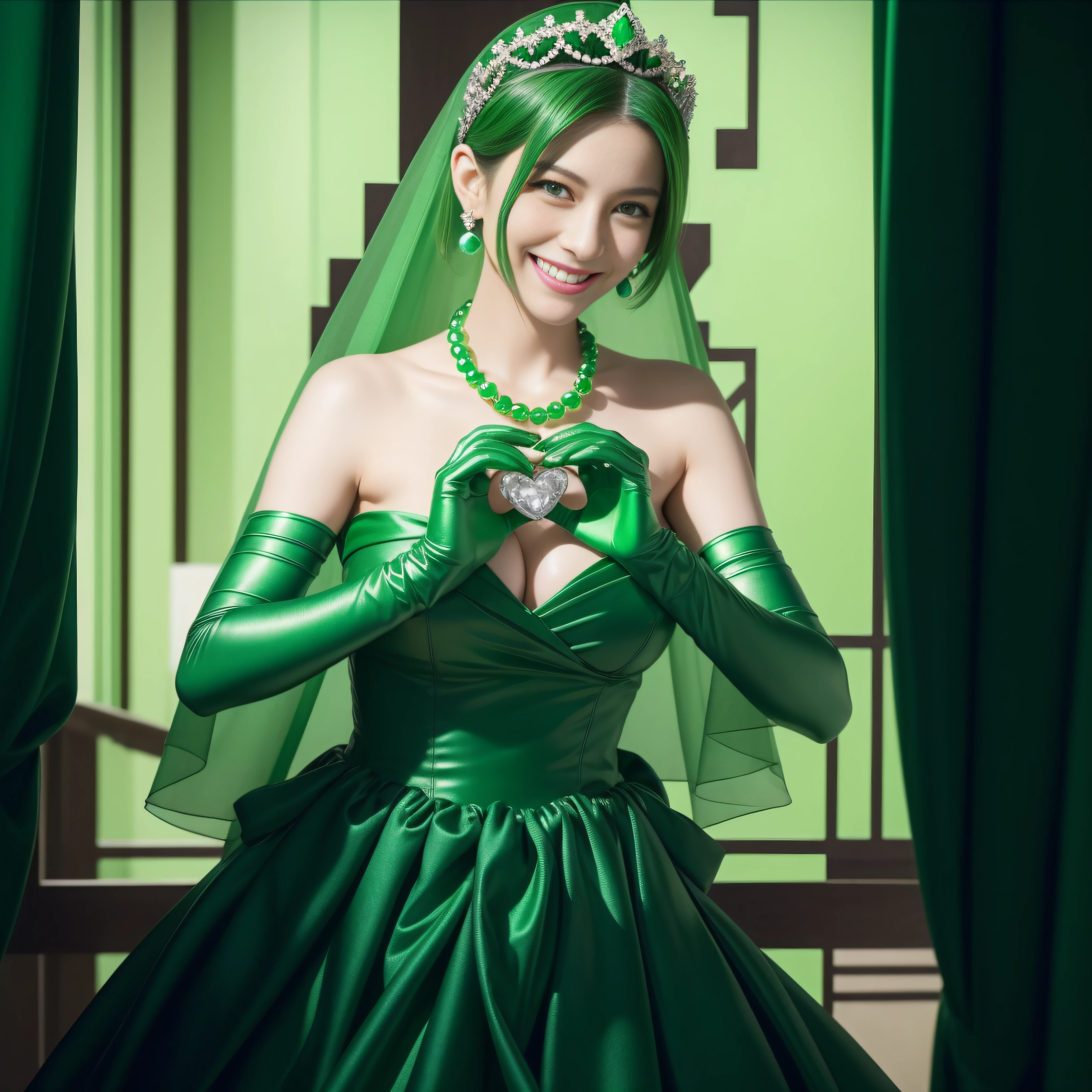 emerald tiara, Green Pearl Necklace, Boyish very short green hair, lipsticks, Japan woman smiling, very short short hair, big breasts beautiful, Green eyes, Long green gloves made of satin material, Green eyes, Emerald Earrings, green vale, Heart with both hands