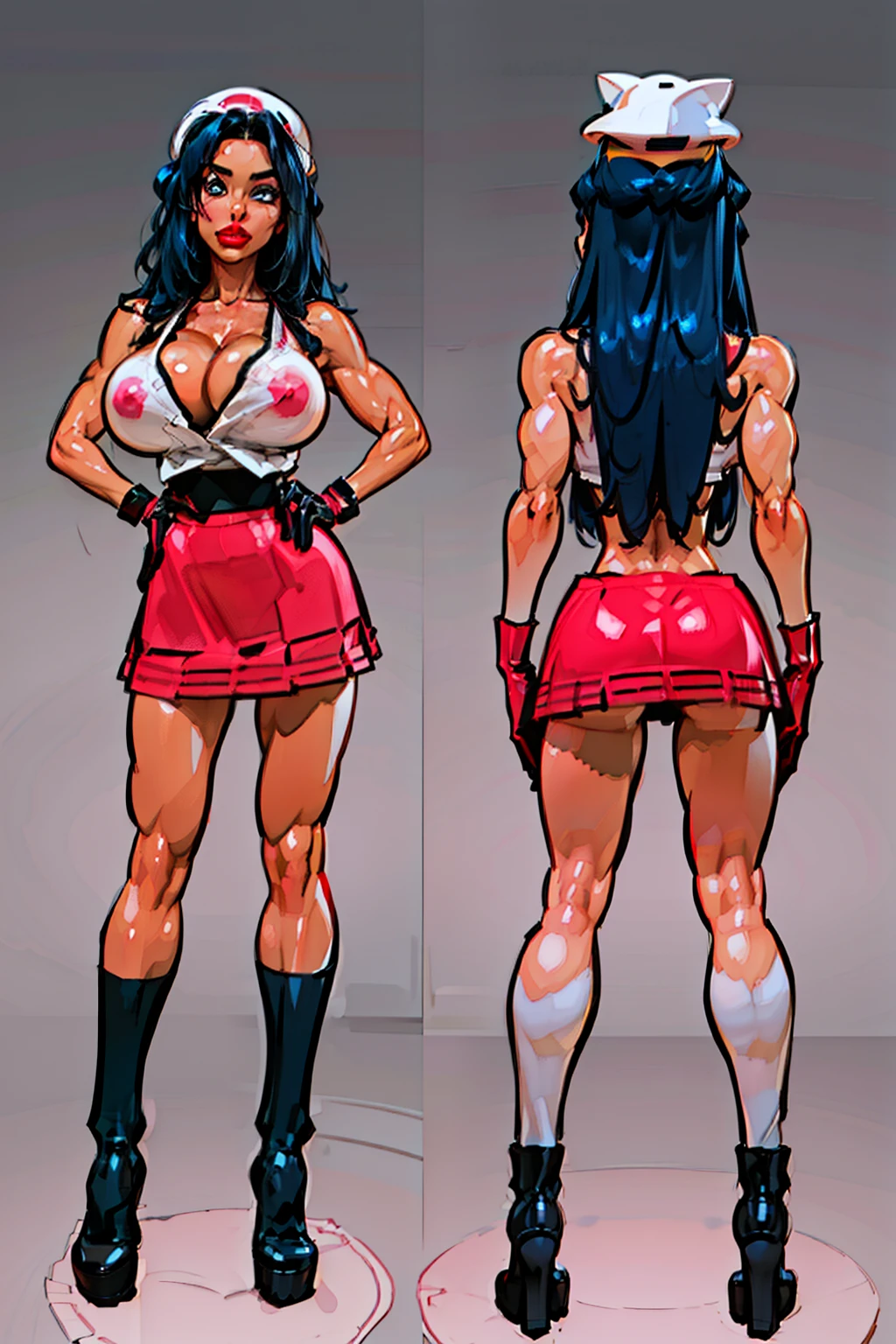 ((masterpiece)),(((best quality))),((character design sheet)), Pokémon character Hikari, (white hat) ((Dawn)), ((side body view)) mature face, (dark blue hair),((perfect eyes:1.4)), (long black sock:1.2), (pink boots:1.1), (slicked back hair), defined cheekbones, ((long hair:1.2)), high cheekbones, illustration, muscular, sexy bimbo, (gigantic breasts:1.3) dark blue hair, ((detailed face:1.4)) beautiful woman, (pink gloves:1.2), (white skin:1.4) , (red lipstick:1.4), shiny skin, scribbles and marks,(puffy lips:1.4) , (pink skirt), rough sketches, pose, 8k,16k, (simple background, white background: 1.3) ((cool color palette)), ((white and black top))