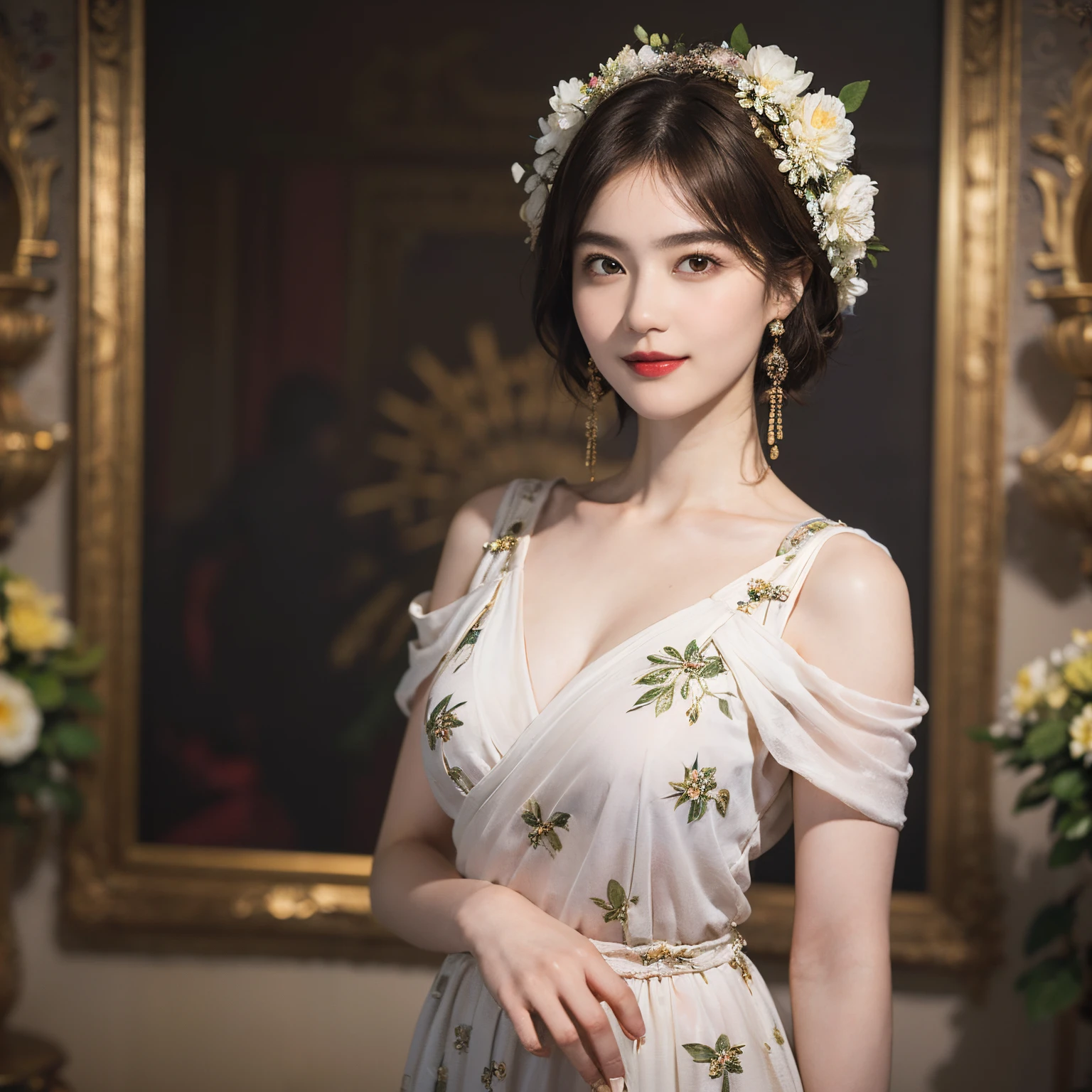 117
(a 20 yo woman,is standing), (A hyper-realistic), (high-level image quality), ((beautiful hairstyle 46)), ((short-hair)), (Gentle smile), (breasted:1.1), (lipsticks), (florals), (Light and Darkness), (rembrandt painting), (Luxurious room)