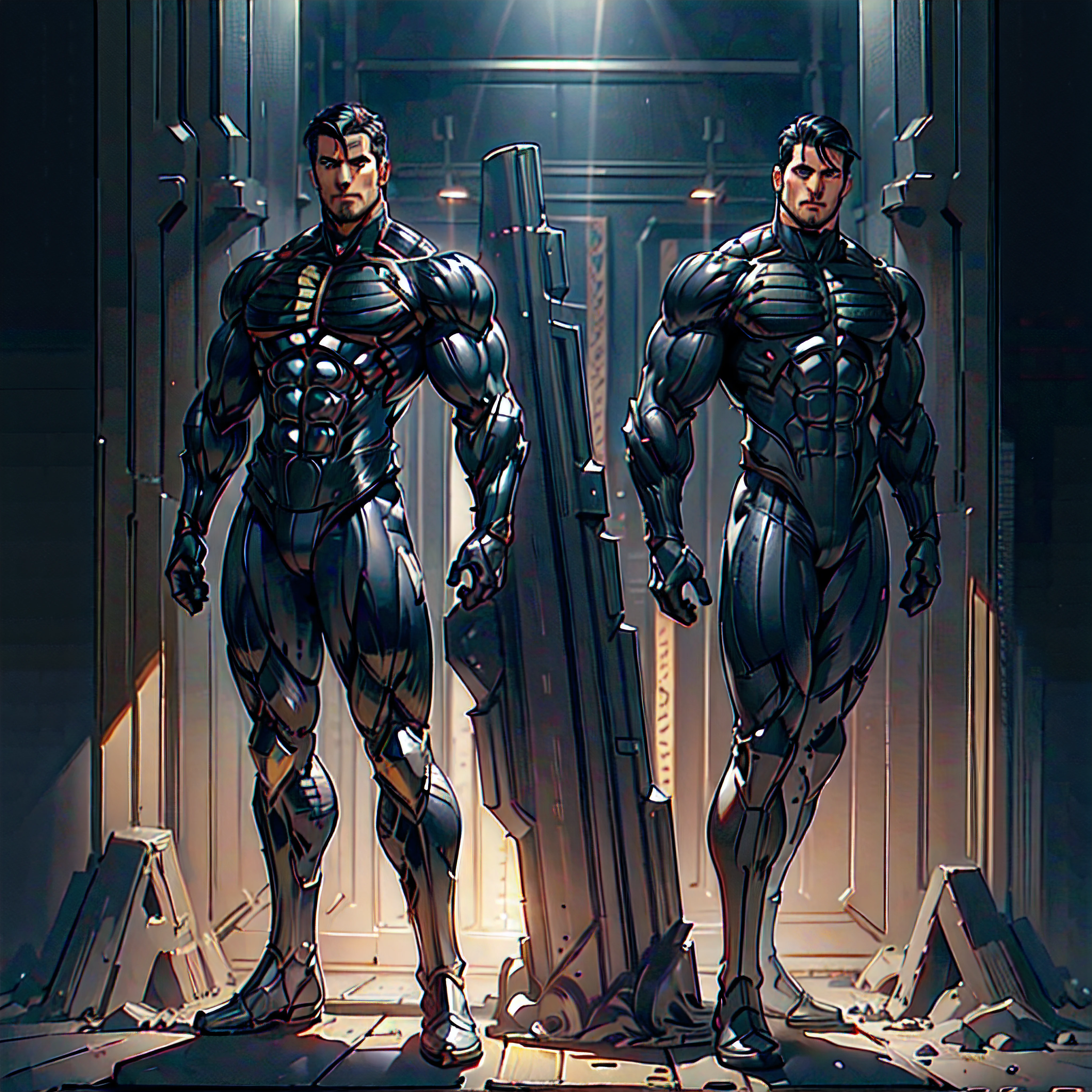 (Henrycavill personne, Un), pose debout, ((corps entier)), ((Armure noire mate, )), (Masterpiece, Best quality), DSLR,, ((undercut)), cheveux noirs), Elongated goatee, yeux bruns, High resolution, Ultra-pointu, 16k, Masterpiece, Three-sided View, Plan large,
