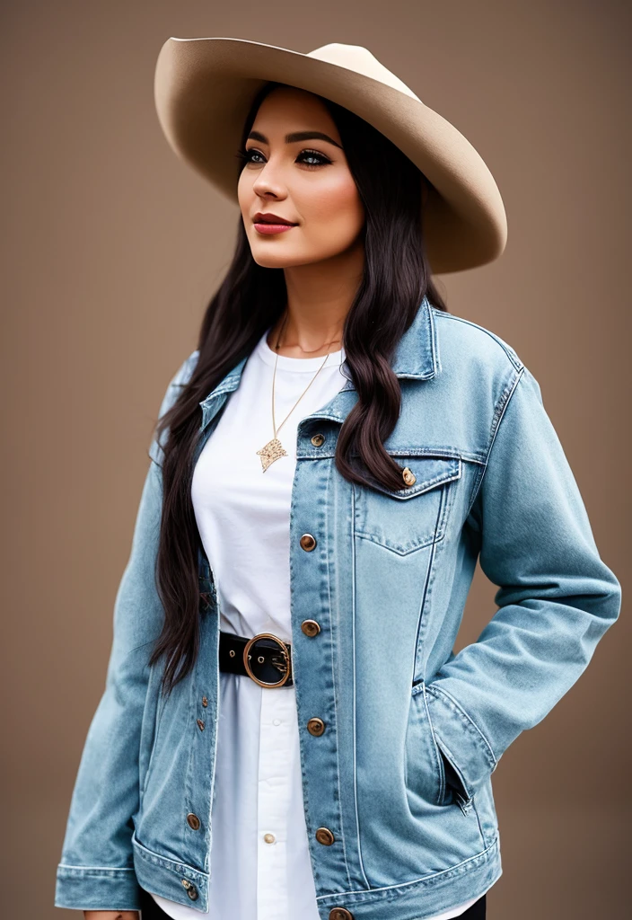 Generate a photo that features a 31-year-old woman. She has a medium build, weighing around 90 kg plus size, long straight black hair, dark brown eyes and lightly tanned light brown skin.
The model wears a white shirt with a denim jacket, boots, is in a studio, wears a hat, is a cowgirl.
Every detail, from the hairstyle to the choice of clothes and accessories, must reflect the elegance and sophistication of this person, creating a set of professional images that convey your unique charm. 8k image