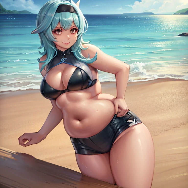 1girl, solo, Eula, large breasts, cleavage, thighs, (bikini), standing, beach sea, (soaking wet:1.1), smiling, detailed hands, looking at viewer