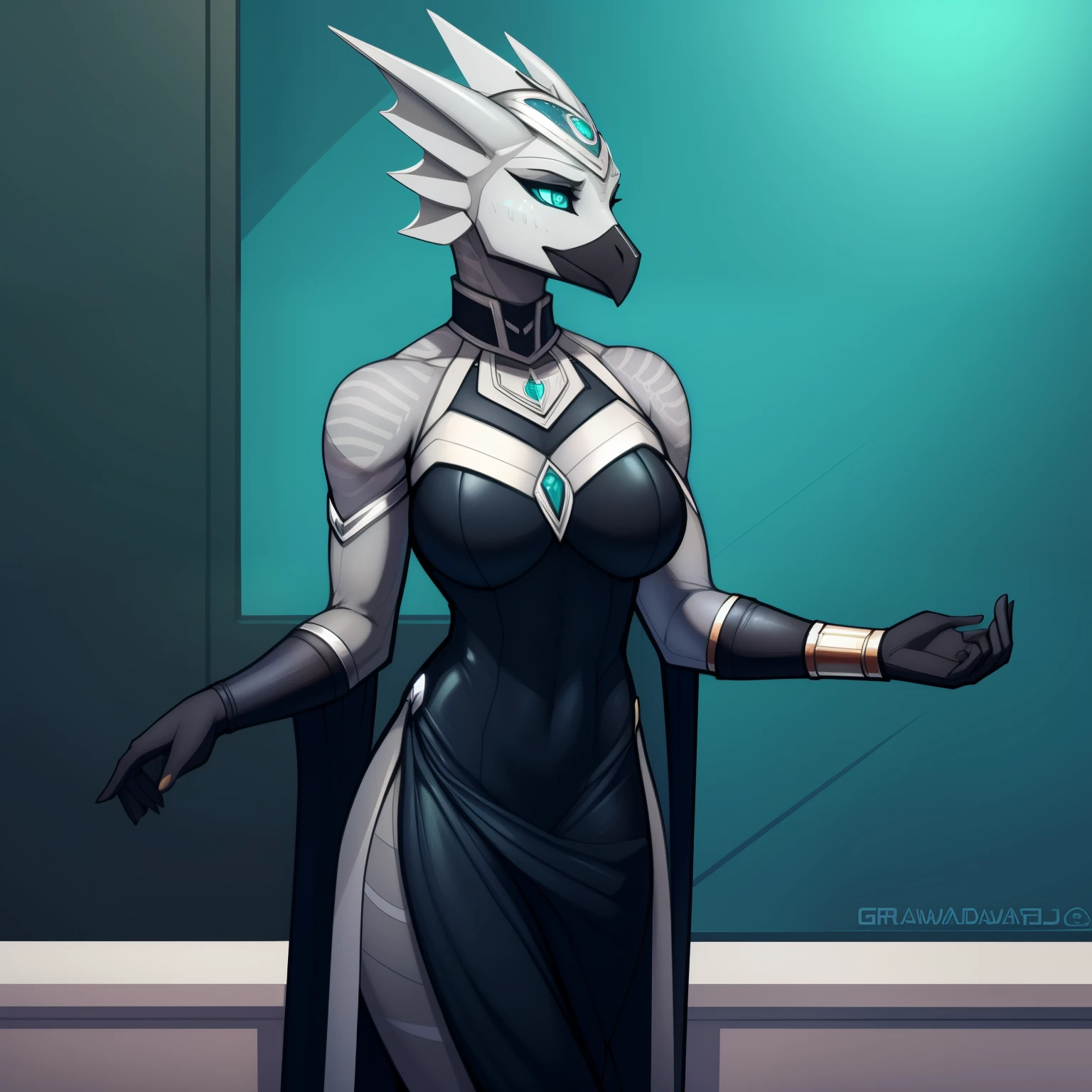 Lanky_muscular_sea_serpent female gray_scaled_body teal_eyes fins black_beak solo Masterpiece best_quality absurdres highly_detailed skintight_gown silver_circlet silver_gorget silver_bracers cleanly_drawn_eyes anthro_only by_claweddrip, by_greasymojo, by_underscore-b, by_runawaystride