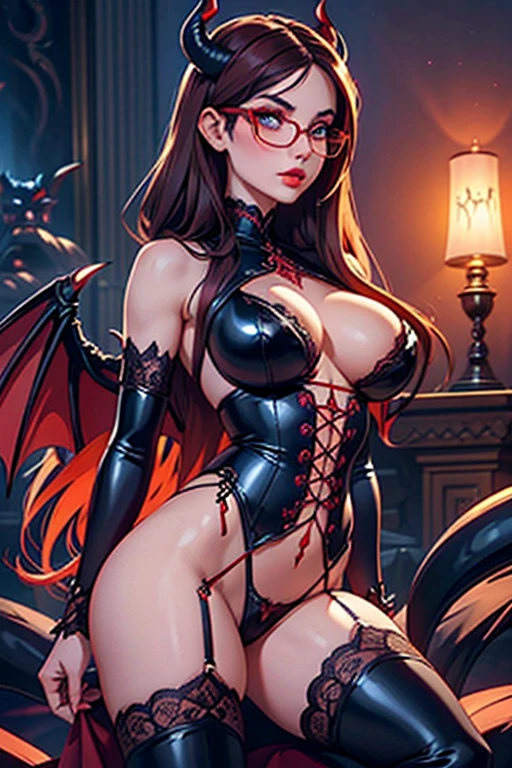 beautiful woman in Hell, Hellish scene, Demon Wings, Demon Tail, Demon Queen, Litith, Lace Underwear, Lace Bodysuit, Lace Strokings, brunette, Long Curved Hair, red lips, Blue eyes, wears glasses, Big boobs, Thin waist, eYeliner, big eyelashes, seductive pose, Sexual pose.