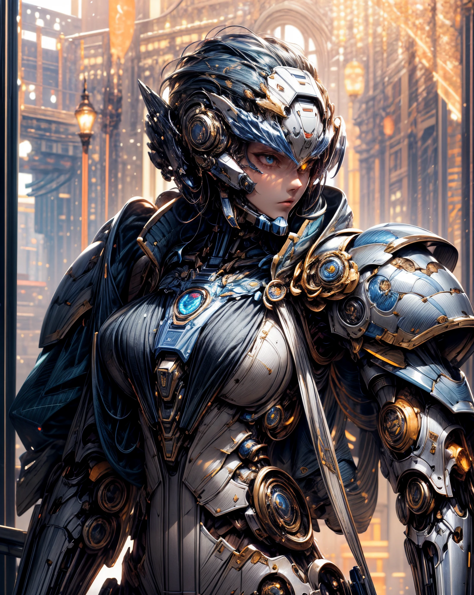 ((An epic and visually stunning digital anime upper body portrait featuring a sylphlike masculine male space soldier clad in a sleek yet tactical white armored military trench coat, (((flat masculine chest))), ((the character is adorned in a (scifi tactical armored open front trench coat with a built in exoskeleton, hood pulled up) (over a form fitted armor plated yet super sleek and revealing under suit with waist cut outs), the armor plating on the upper arms and shoulders beautifully engraved)). The image showcases the beauty and elegance of the character, ((capturing their flamboyant essence and heavy mecha aesthetic)). The character also possesses an androgynous charm, (with slim yet heavily muscled physique, sylphlike with a beautiful feminine waist and toned yet beautifully sleek cybernetic arms, mechanical arms and legs, mecha muscles), looking at viewer