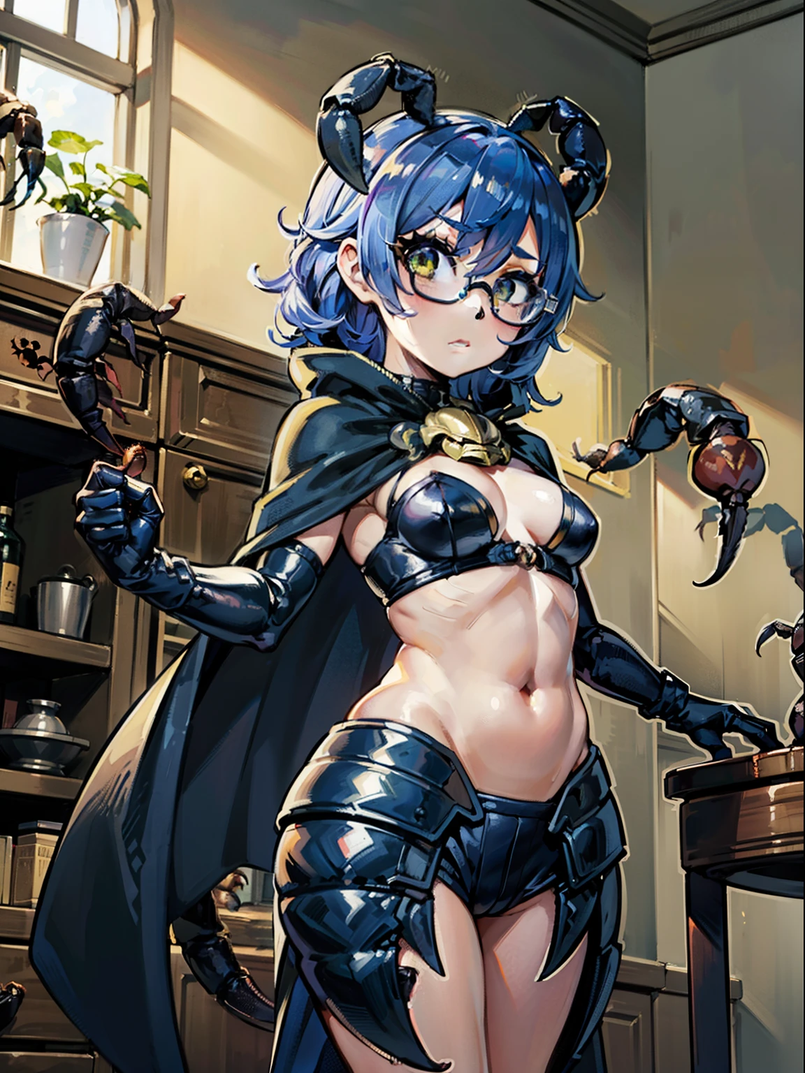 1girl, li, (scorpion stinger:1.5), long robe, potions, alchemay, vile, monster grill, body wrapped in a hard shell, monster girl, from the front, scorpion tail, looking at viewer, cowboyshot, indoors, workshop, feather, helmet, cape, glasses, dark blue hair, scorpion tail