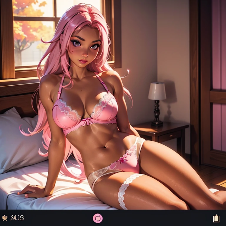 European woman , tanned skin tone, 30 years old, in.a fantasy world , sexy outfit, lace underwear, stockings, Light pink hair, Eye shadow, natural makeup, very long hair, beautiful chest, big breasts,Second Life Avatar, Beautiful screenshot, Second Life, attractive woman, high quality, highly detailed