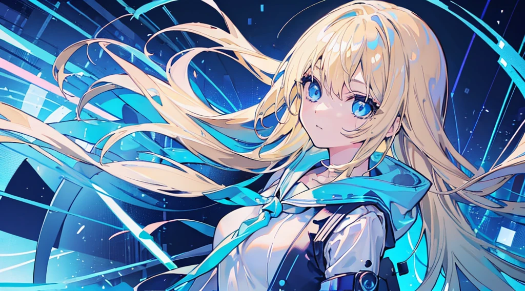 (1girl, blonde hair, long hair, blue eyes, sailor suit), (blue cyberpunk landscape, glowing blue color)