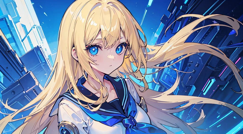 (1girl, blonde hair, long hair, blue eyes, sailor suit), (blue cyberpunk landscape, glowing blue color)