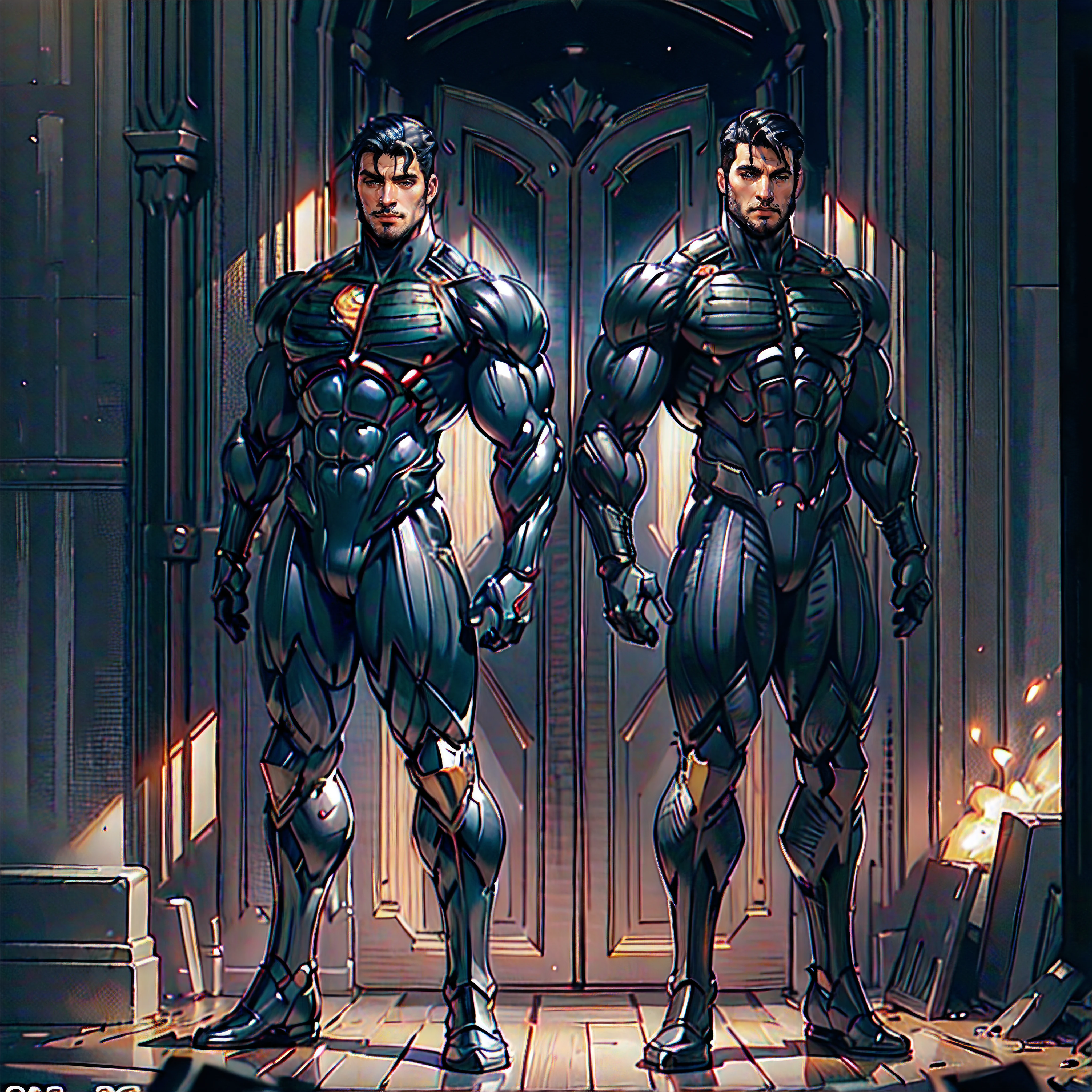 (Henrycavill personne, Un), pose debout, ((corps entier)), ((Armure noire mate, )), (Masterpiece, Best quality), DSLR,, ((undercut)), cheveux noirs), Elongated goatee, yeux bruns, High resolution, Ultra-pointu, 16k, Masterpiece, Three-sided View, Plan large,