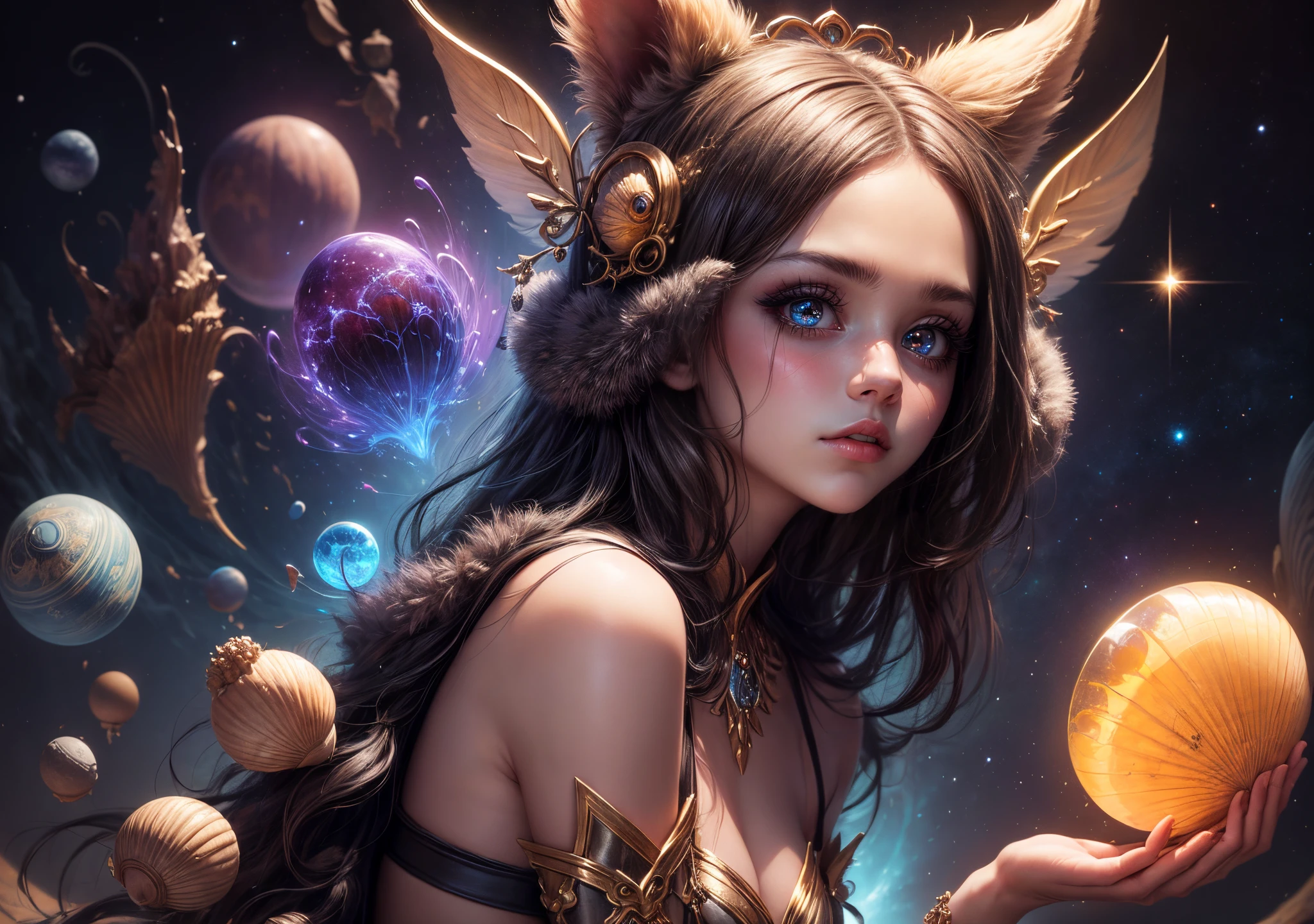 "Young Girl from the stars, (shimmering fur), celestial antennae, shell of wonder, planetary dreamscape, (cosmic enchantment), surreal artistry, vibrant and alien palette"