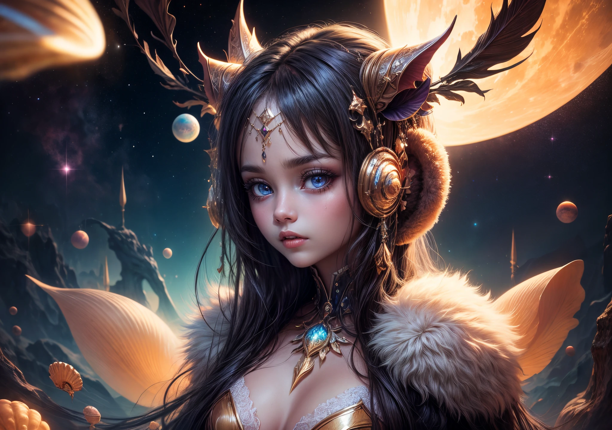 "Young Girl from the stars, (shimmering fur), celestial antennae, shell of wonder, planetary dreamscape, (cosmic enchantment), surreal artistry, vibrant and alien palette"
