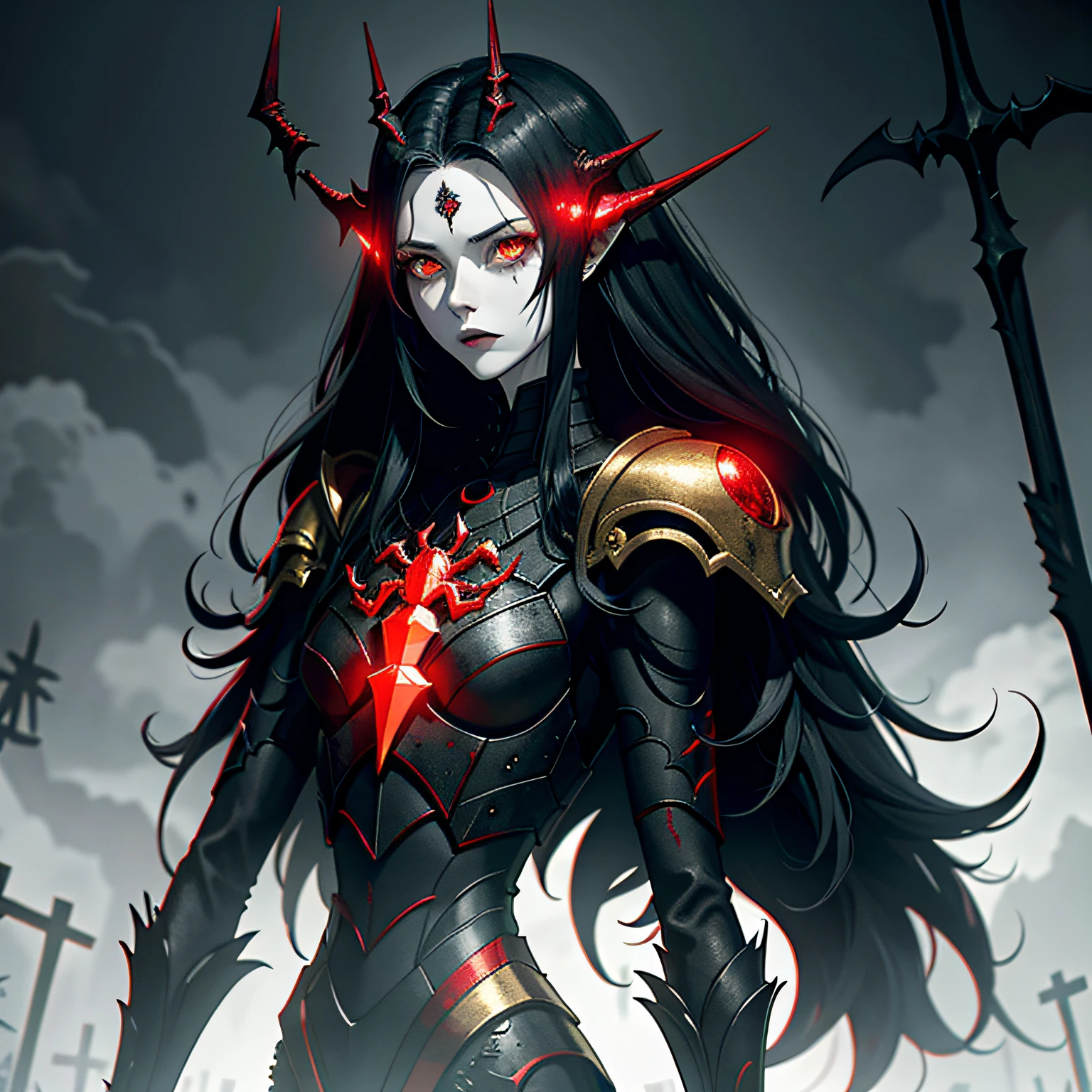 chthonic art, Horror atmosphere, Masterpiece, (monster girl), (pale skin), (spider legs on head), red crystal eyes, long black smooth collected hair, gold helmet with red accents, Black and gray fabric armor with red accents, short raincoat, chthonically abandoned world, giant chthonic abandoned medieval buildings, grey sky, overcast sky, rare trees, Grey Wasteland, Horror atmosphere, (the presence of something scary), highly detailed background, perfect anatomy