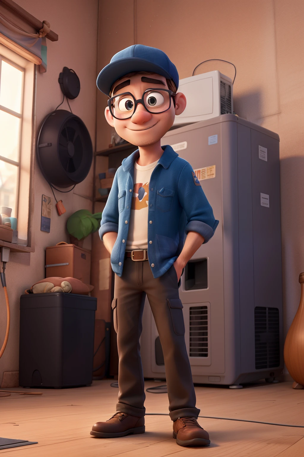 A 3D movie poster in Disney-Pixar Style of a 26-year-old Brazilian man with glasses and a cap fixing an air conditioner.