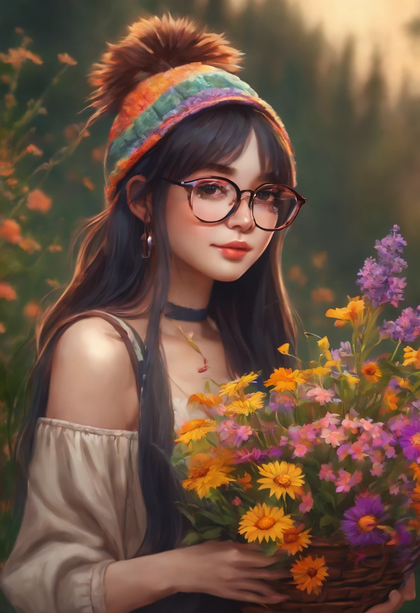 A photo of the character arranging a colorful bouquet of wildflowers in a rustic vase,original,Anime merch, beanie, glasses, long hair with neon streaks, no makeup, female