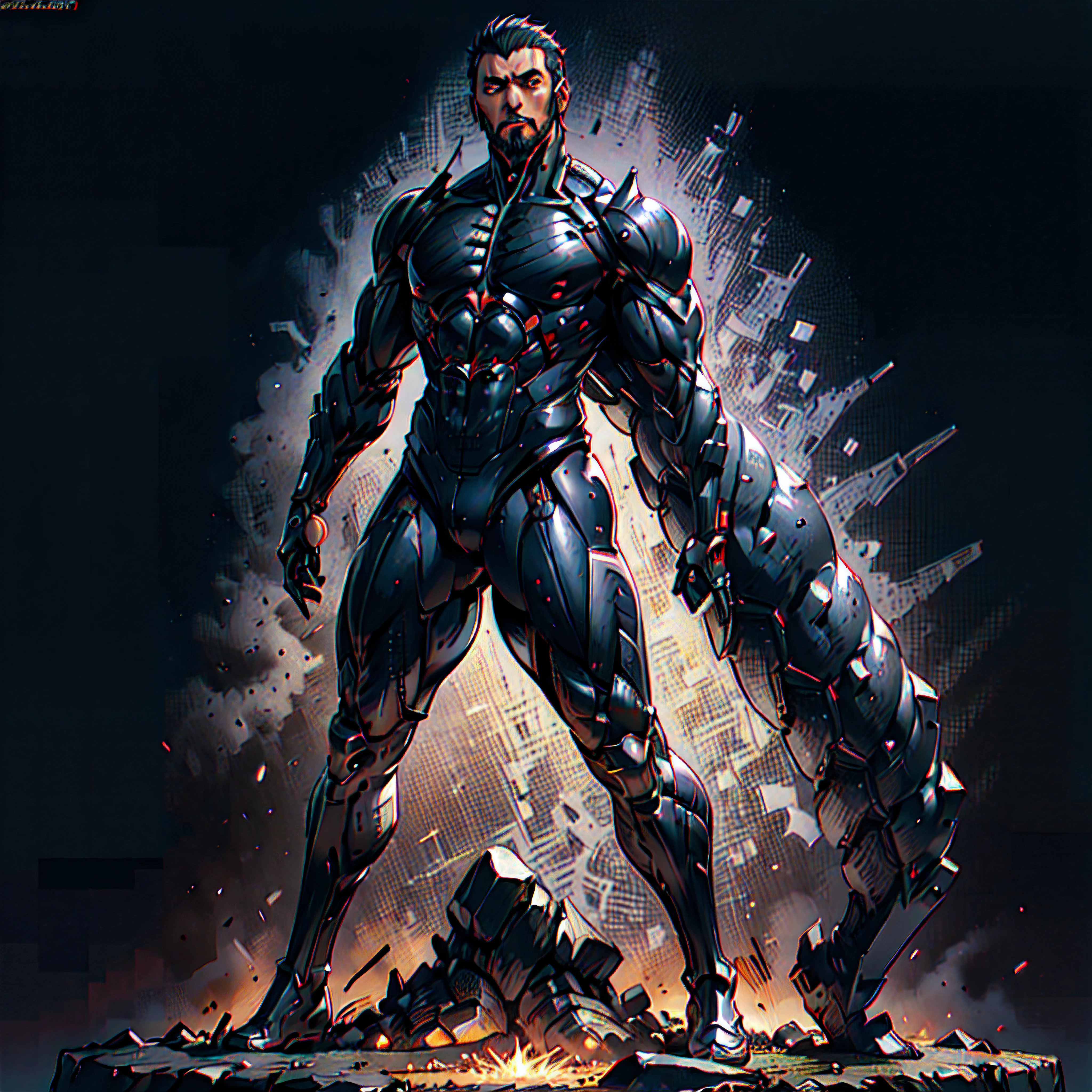 Close up portrait of man with robot-like body and helmet, greek god in mecha style, Muscular male undead cyborg, muscular! Cyberpunk, muscular character, detailed full-body concept, character art the contra, sci - fi armour! muscular, Cyborg Male, detailed full body concept art, muscular!! scientific fiction, comic character design, full body concept