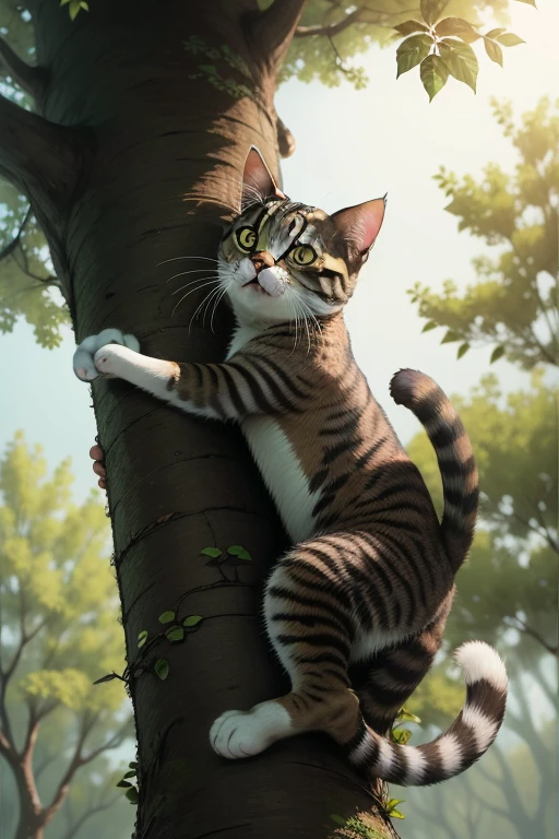 A cat climbs a tree