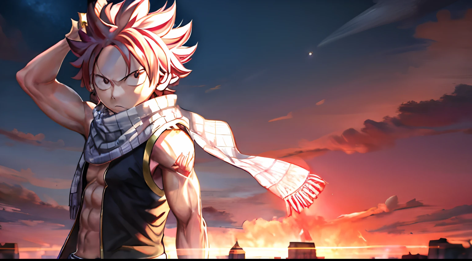 (((1boy, (natsu_dragneel:1.2), scarf, sleeveless, black eyes, fire, arm up,))) default_outfit, standing,  looking_at_viewer, solo, male_focus, Cowboy_shot,  close up portrait, outdoors, (night, dark:1.25), street, (darkestdiffusion style:0.6), (evreka15 style:0.6), best quality, absurdres, highres, (original), (extremely detailed wallpaper), 8k, (color), (trending on artstation, cgsociety, pixiv:0.85), highly detailed, (coherent:1.5), (beautiful composition:1.2),  (dynamic lighting), (intricate:1.15), (symmetrical:1.1), (hd:1.25), (masterpiece:0.9), (by atey ghailan and anton fadeev:0.9), [light_rays], moon,  (blurry_background, depth of field:0.5), 
Official_Art,