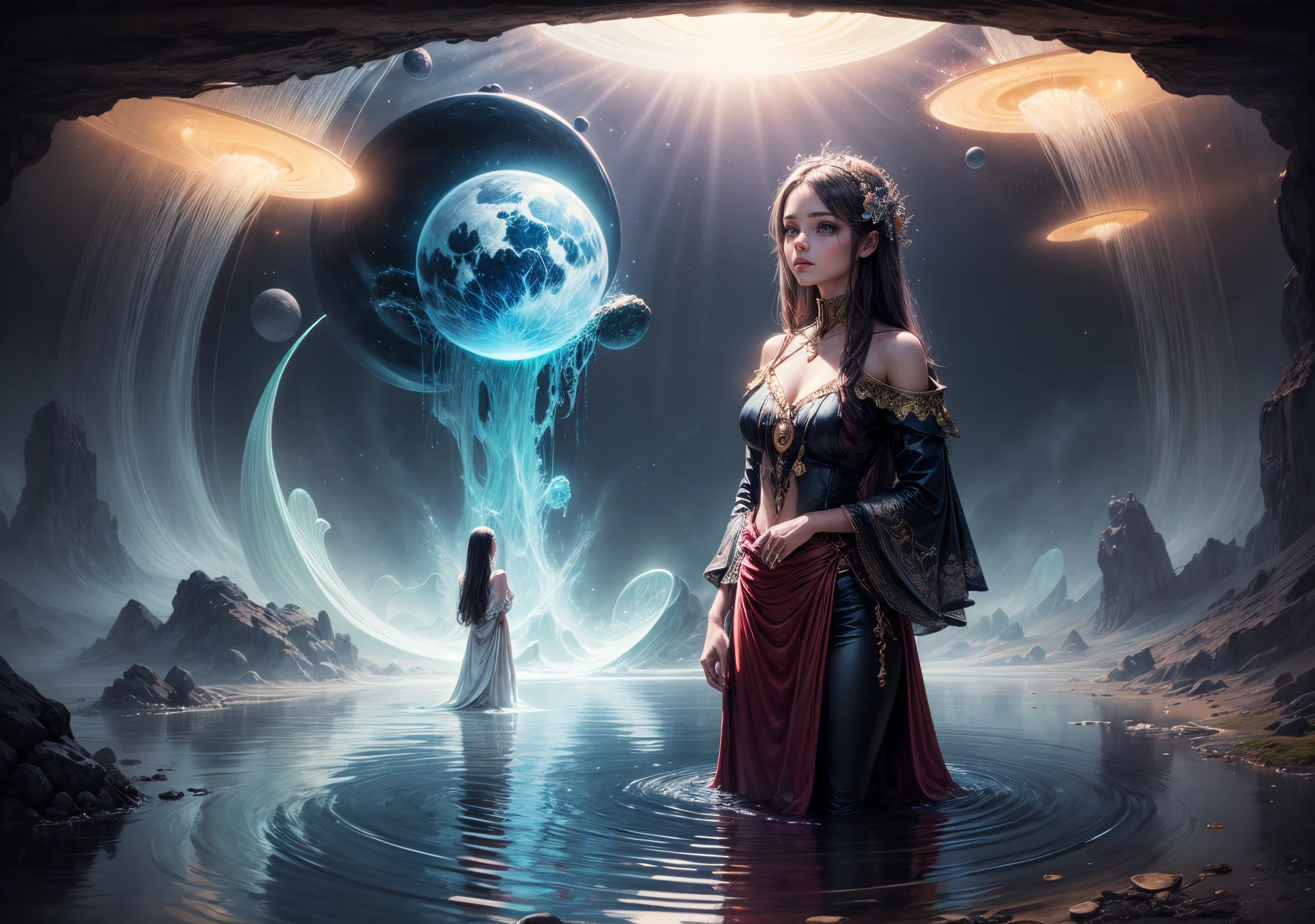Painting: An enchanting artwork portraying a girl wearing silk, standing at the edge of a mystical pool, surrounded by swirling enchantments, with the distant planet casting an ethereal light upon her.