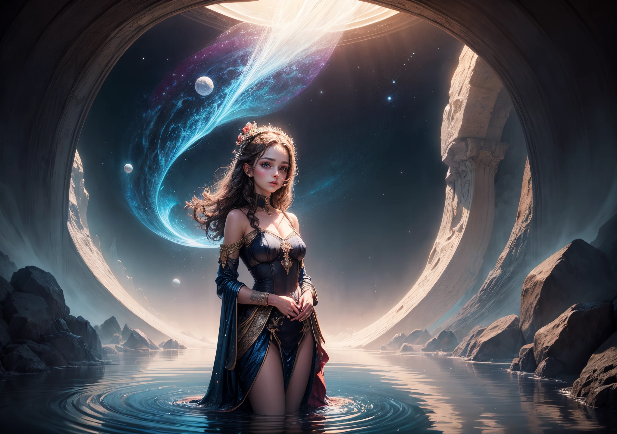 Painting: An enchanting artwork portraying a girl wearing silk, standing at the edge of a mystical pool, surrounded by swirling enchantments, with the distant planet casting an ethereal light upon her.