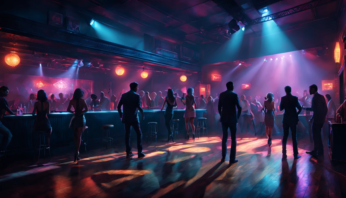 illustration night club interior with people on dancefloor hard shadows, professional colour grading, vivid colour scheme, shadowed, highly detailed, artgem greg rutkowski Masterpiece artstation octane ultra detailed