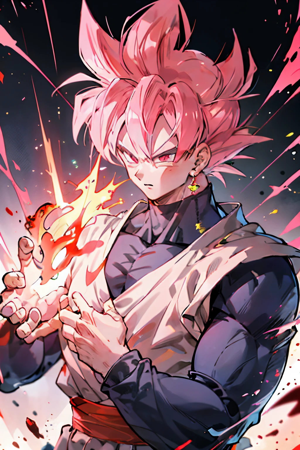 master part,goku PRETO,black sweater,Super Saiyajin Rosé,olhos cor-de-rosa,Aura rosa,pink flame particles in the air,parte superior do corpo, extremely muscular,manly,cara de homem,musculoso