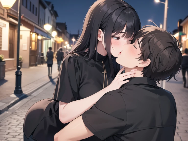 Masterpiece, best quality, 1boy and 1girl, kiss, black short hair boy, brown long hairgirl, blushed face, close his eyes, in the street, night, Moonlight, staryy sky