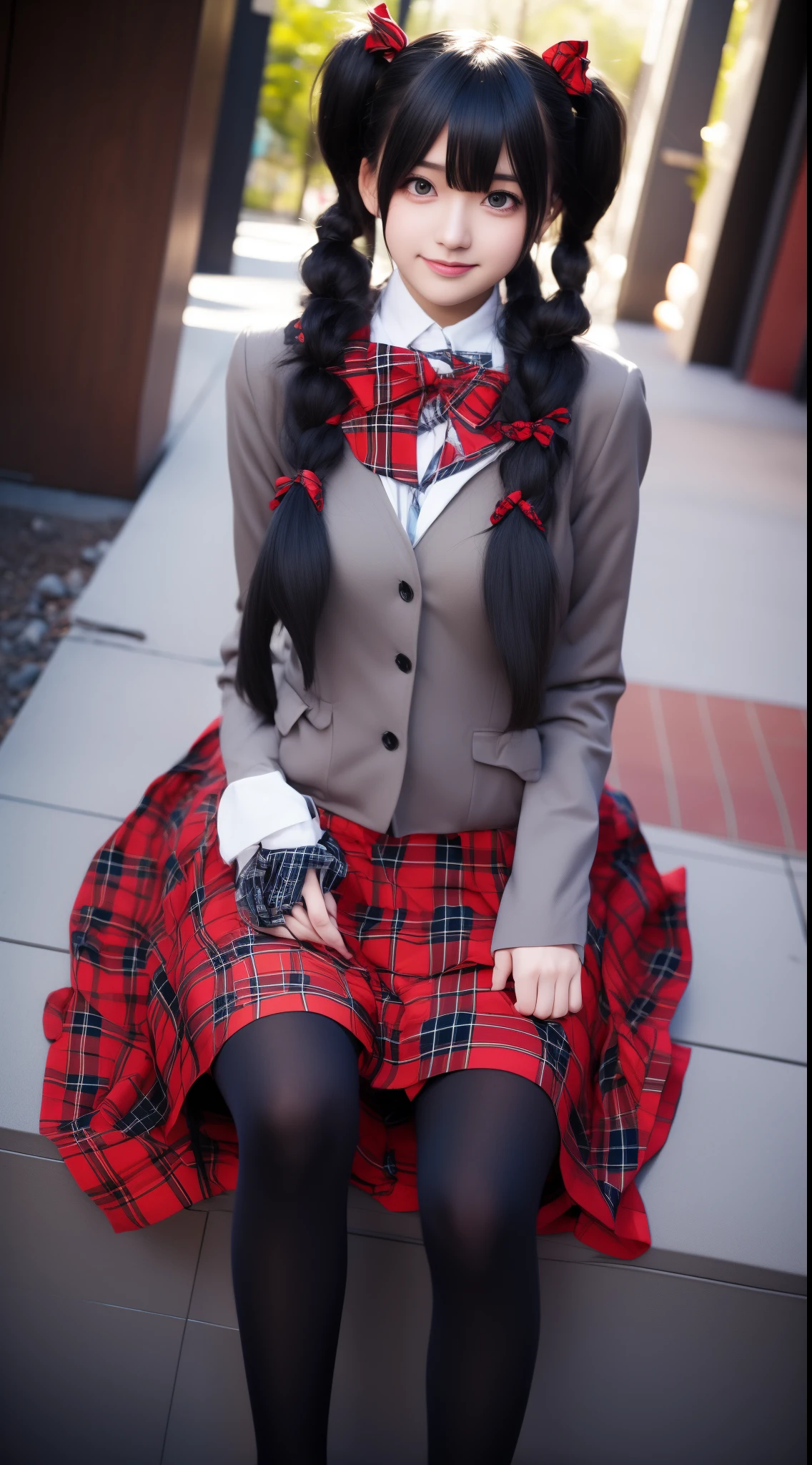 (Masterpiece, best quality), 1girl, KuraiYonaka, red plaid skirt, hair in two black pigtails, sitting, grey jacket, black tights, brown shoes, dynamic pose, desert, cactus, cold desert, red sky