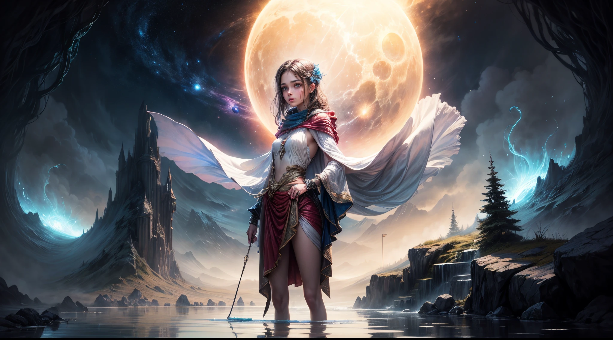 Painting: An enchanting artwork portraying a girl wearing silk, standing at the edge of a mystical pool, surrounded by swirling enchantments, with the distant planet casting an ethereal light upon her.