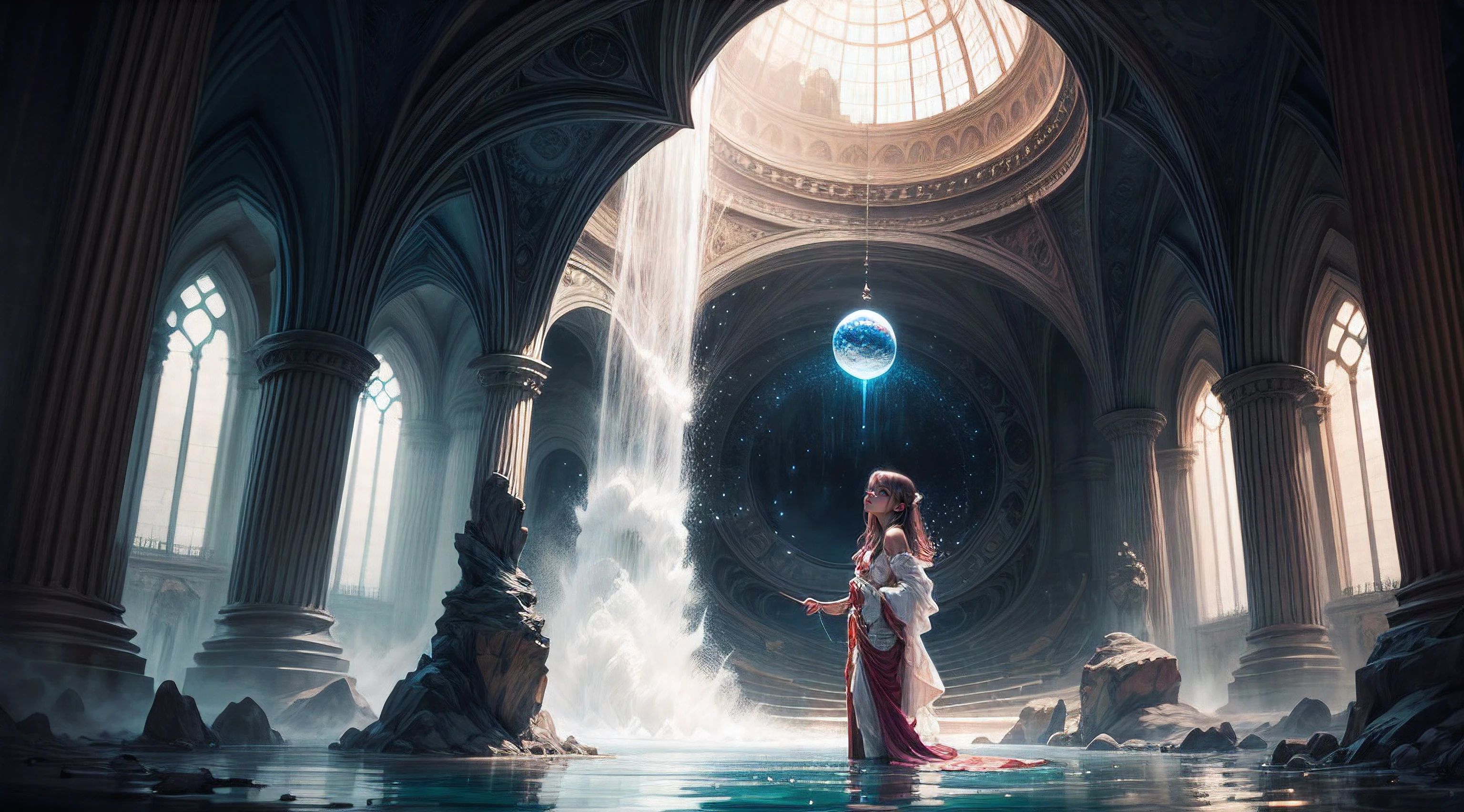 Painting: An enchanting artwork portraying a girl wearing silk, standing at the edge of a mystical pool, surrounded by swirling enchantments, with the distant planet casting an ethereal light upon her.