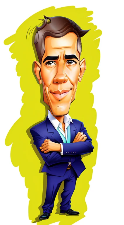 a cartoon of a man in a suit with his arms crossed, Retrato de Obama, caricature illustration, Retrato de Barack Obama, estilo caricatura, retrato dos desenhos animados, caricatural, Barack Obama, caricatura, Obama, in cartoon style, pintura digital dos desenhos animados, caricatura!!!, imagem dos desenhos animados, charicatura, desenho animado de arte digital, arte digital dos desenhos animados, political cartoon style, Serious cartoon