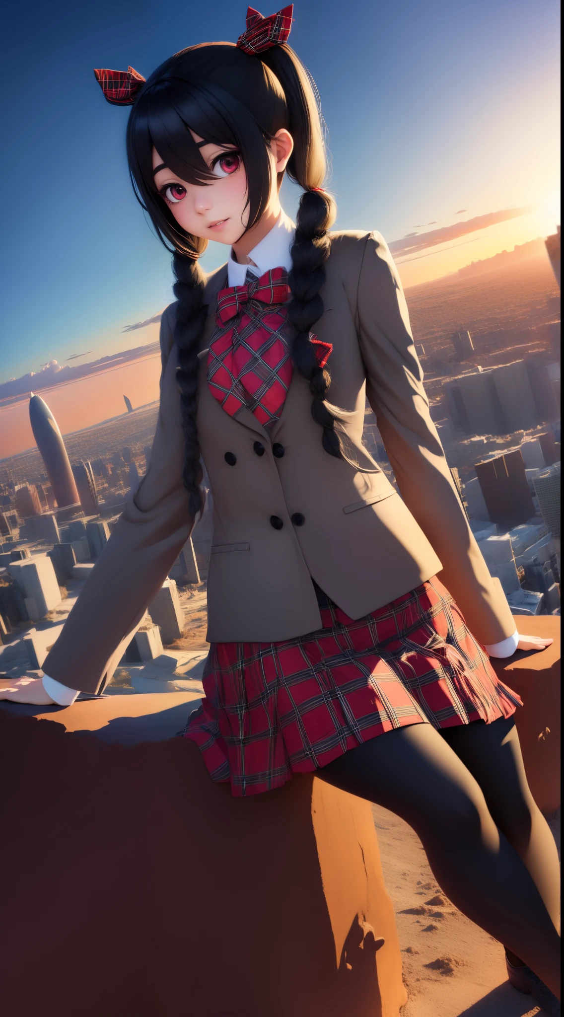 (Masterpiece, best quality), 1girl, KuraiYonaka, red plaid skirt, hair in two black pigtails, sitting, grey jacket, black tights, brown shoes, dynamic pose, desert, cactus, cold desert, red sky