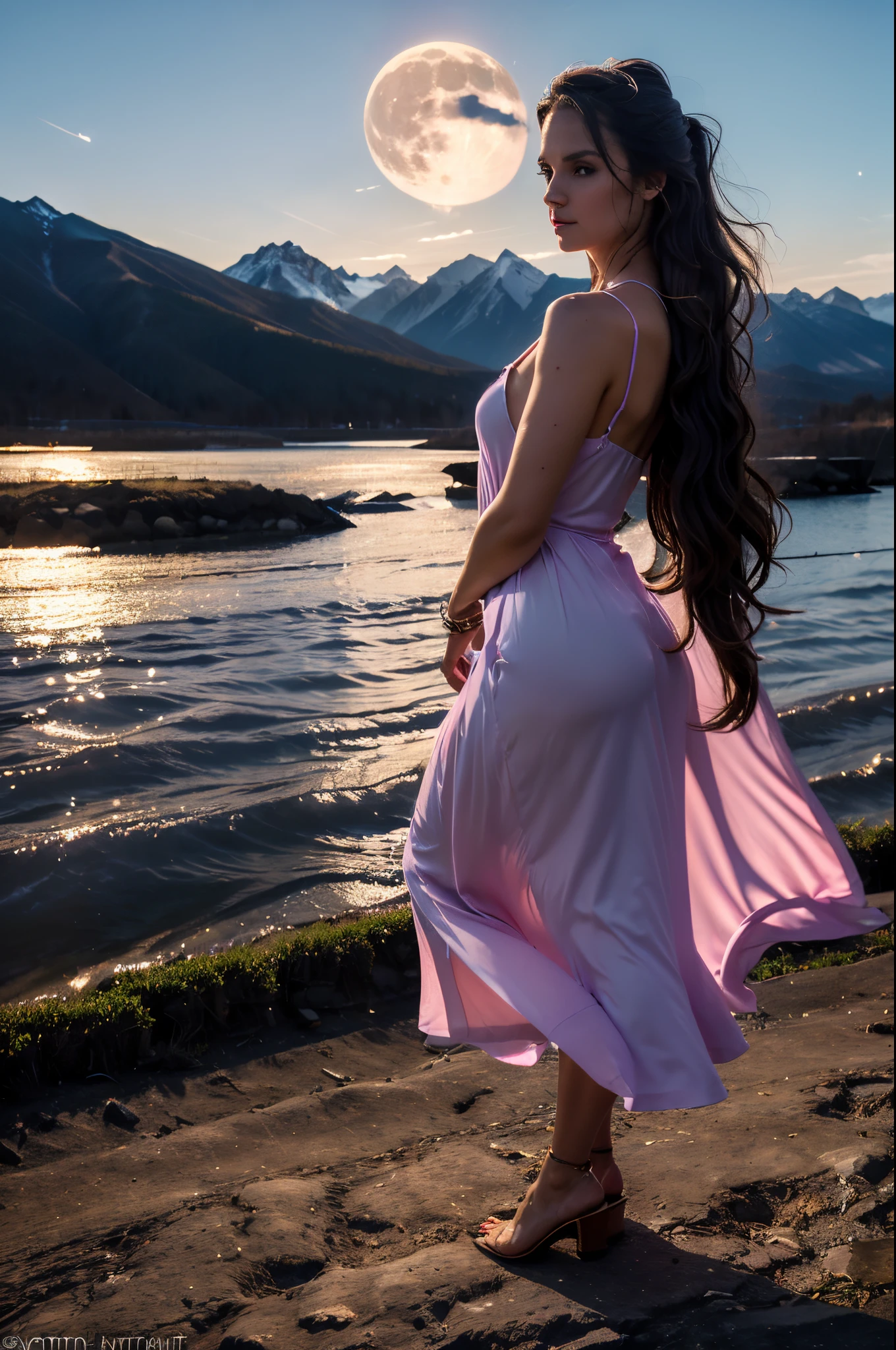 [[lili.v2]], (Foto realism: 1.4), (hyper realisitc: 1.4), (actual: 1.3), (gentlesoftlighting: 1.05), cinematic, beautiful lady, 30 years old, side view of the girl and the mountain, walking toward the top of a mountain, night panoramic shot, full gigantic moon in the horizon illuminating the top of the mountain, light purple dress, sexy long dress, long dress tale, wind blowing the dress and her hair.