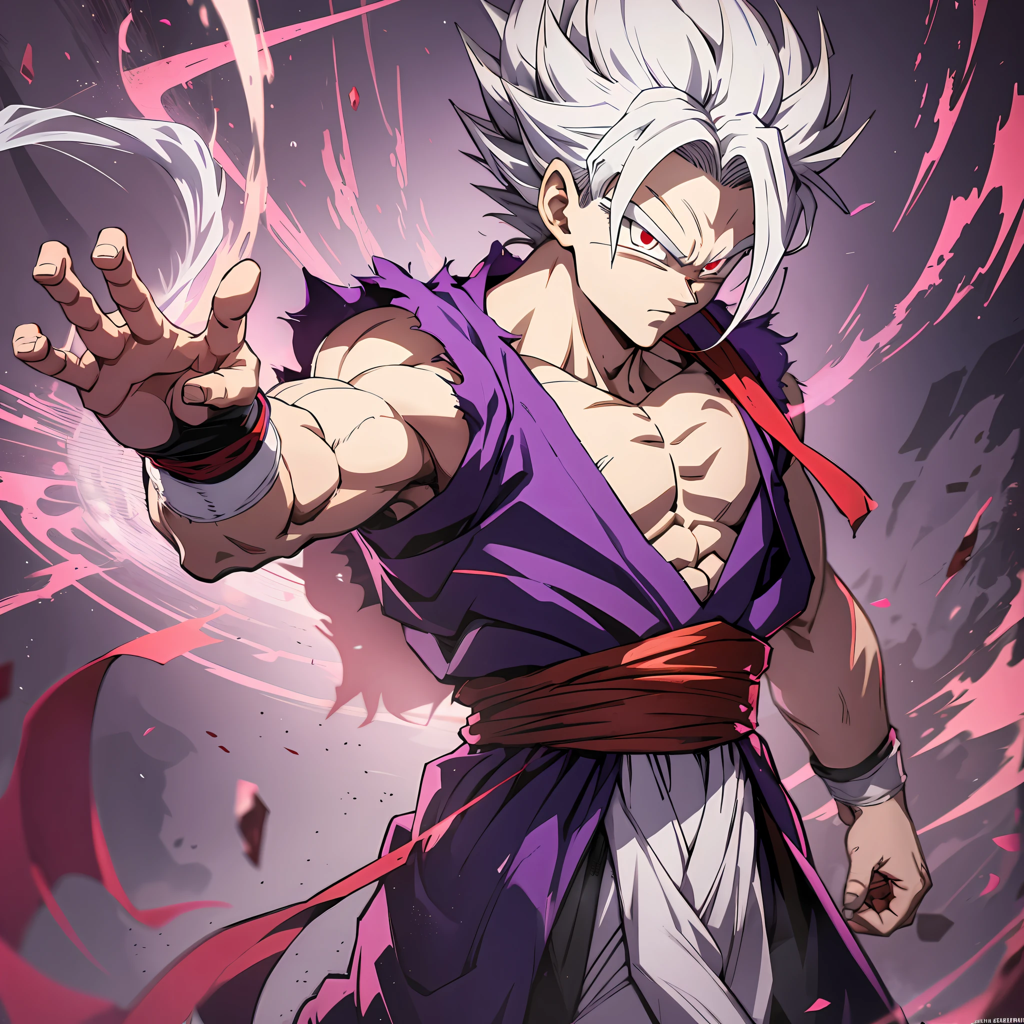 1st grade,besta Gohan,cabelos brancos,besta Gohan cabelo,olhos vermelhos,quebrar,IG roxo e vermelho,arte digital da mais alta qualidade, arte deslumbrante, papel de parede 4k,8k,64 mil, disco Rigido, Unparalleled masterpiece, dynamic lighting, cinemactic, epics