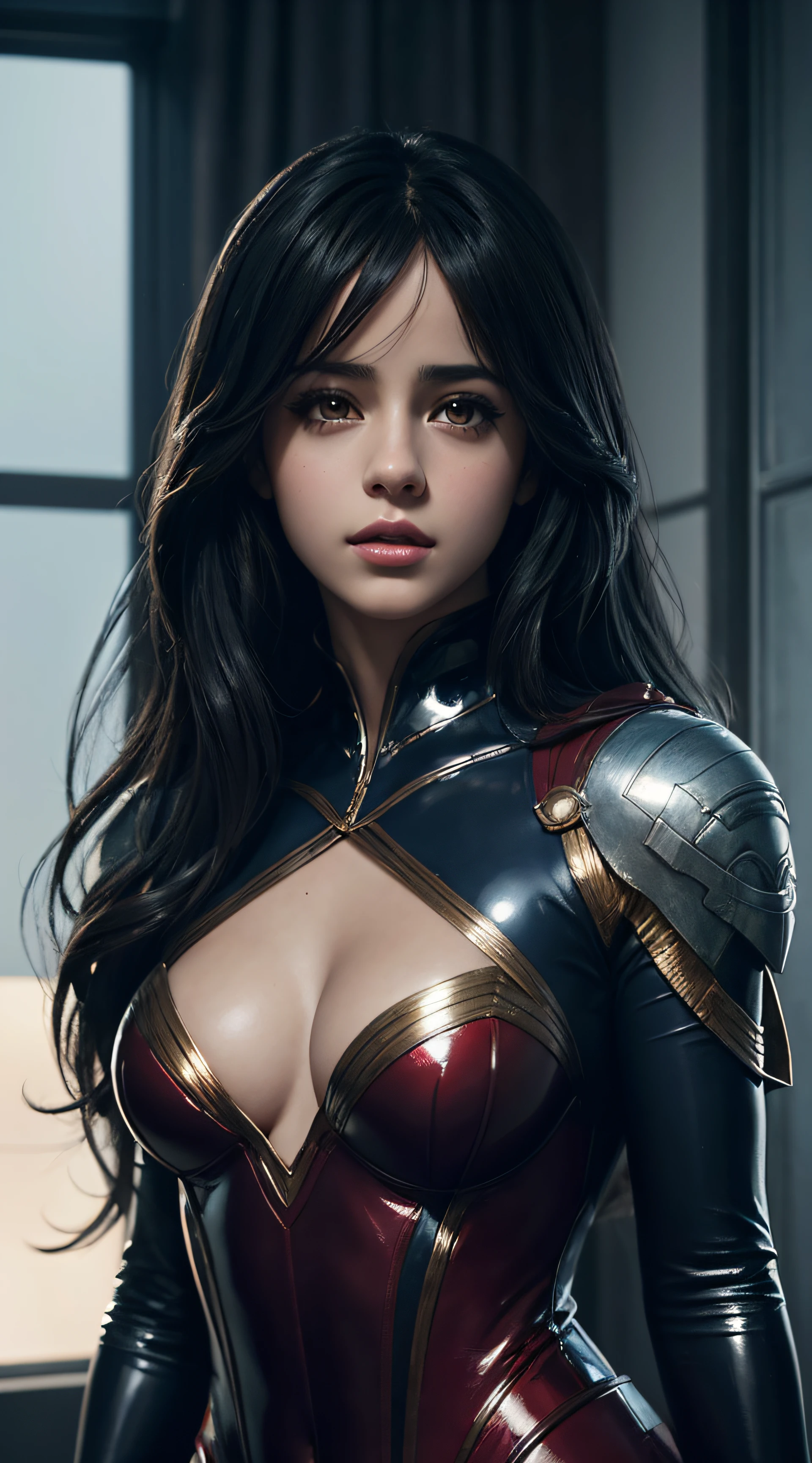 Camila Cabello, supergirl latex sexy clothes, character portrait, 3 9 9 0 s, long hair, intricate, elegant, highly detailed, digital painting, artstation, concept art, smooth, sharp focus, illustration, art by wlop, charlie bowater and alexandra fomina