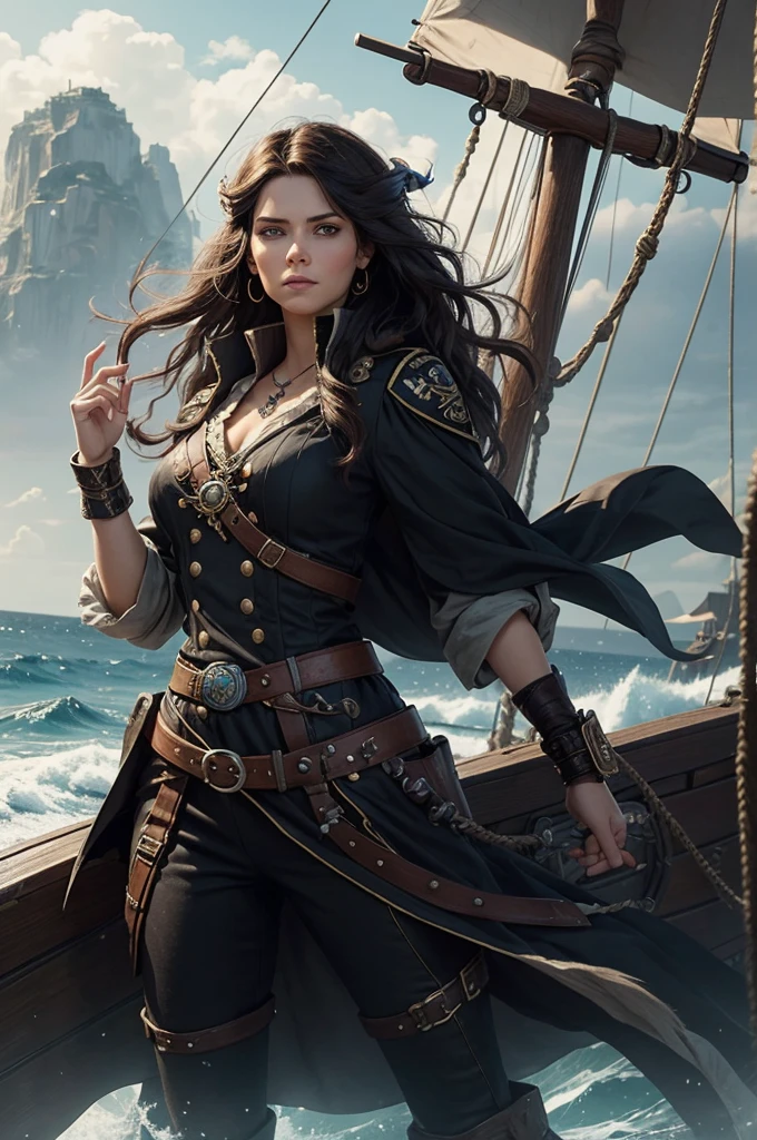 imagine and illustrate a formidable pirate named 'Captain Seraphina Blackwind'. She is a fearless adventurer of the seas, with piercing eyes that reflect a mixture of determination and cunning. Her hair is a wild cascade of dark strands, intertwined with small maritime accessories such as shells and precious stones.
Captain Black Wind wears an elegant pirate costume, mixing classic elements with unique touches that highlight her bold personality. She sports an ancient compass on an ornate belt, symbolizing her ability to navigate the stormy seas.
In the background, picture the deck of a pirate ship, where the sails fill in the wind and the black flag with the skull and crossbones waves proudly. Add action elements, like the Captain brandishing a sword or holding a treasure map, hinting at the many stories and adventures she's had.
Capture the fearless, charismatic essence of Captain Seraphina Darkwind in an illustration that inspires admirers and sparks viewers' imaginations.