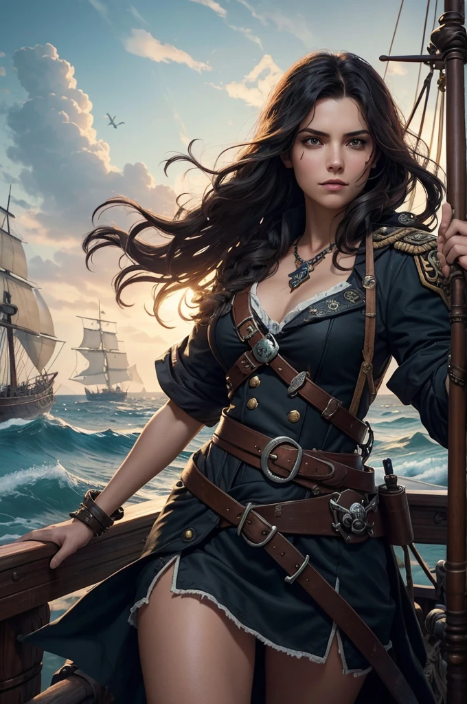 elf woman ,black hair,pirate hat romatic light,(fechin oil painting),starry night,sky,clouds ,moon,glowing eyes,sea, ship, waves,ornate ,dress
