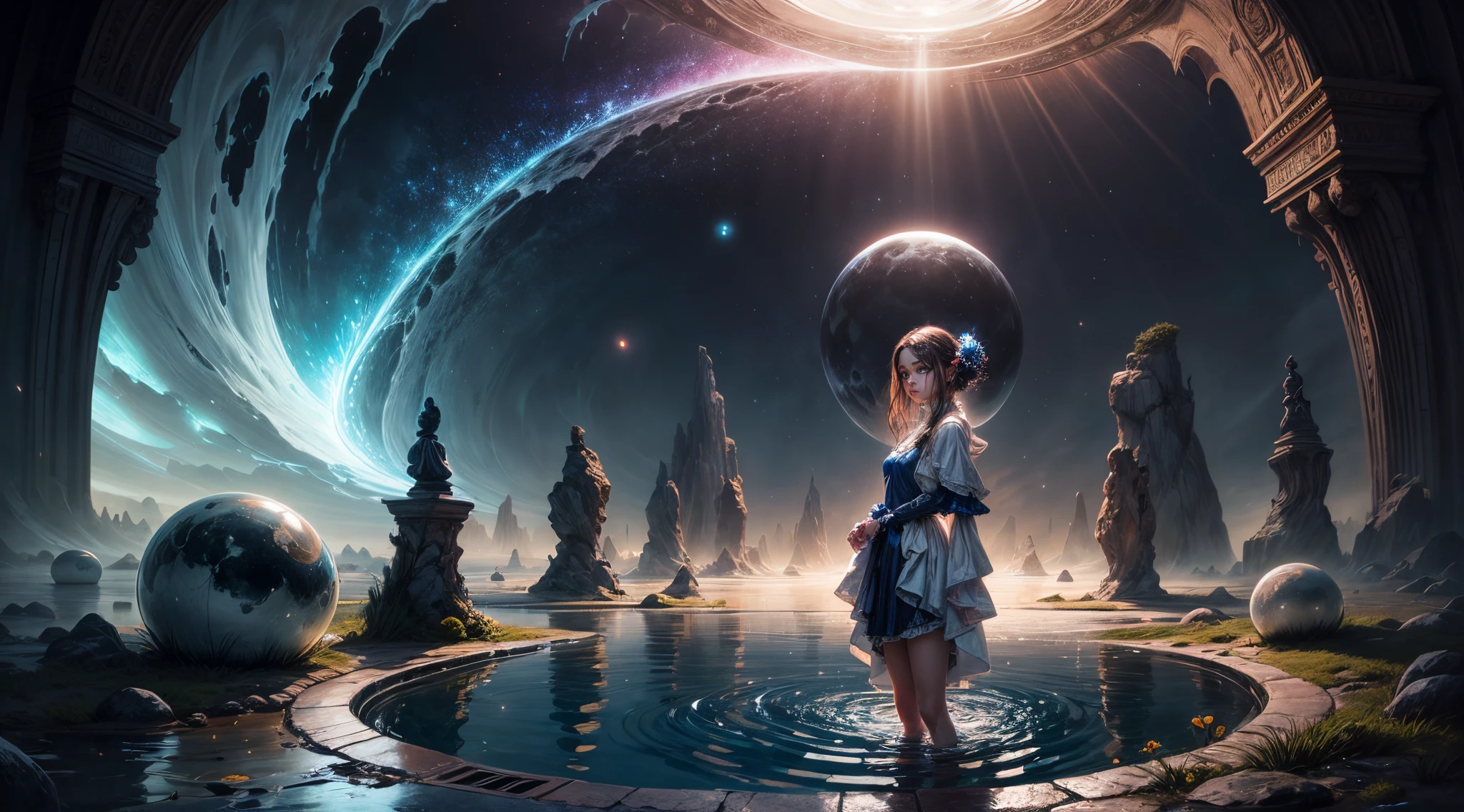 Painting: An enchanting artwork portraying a girl wearing silk, standing at the edge of a mystical pool, surrounded by swirling enchantments, with the distant planet casting an ethereal light upon her.