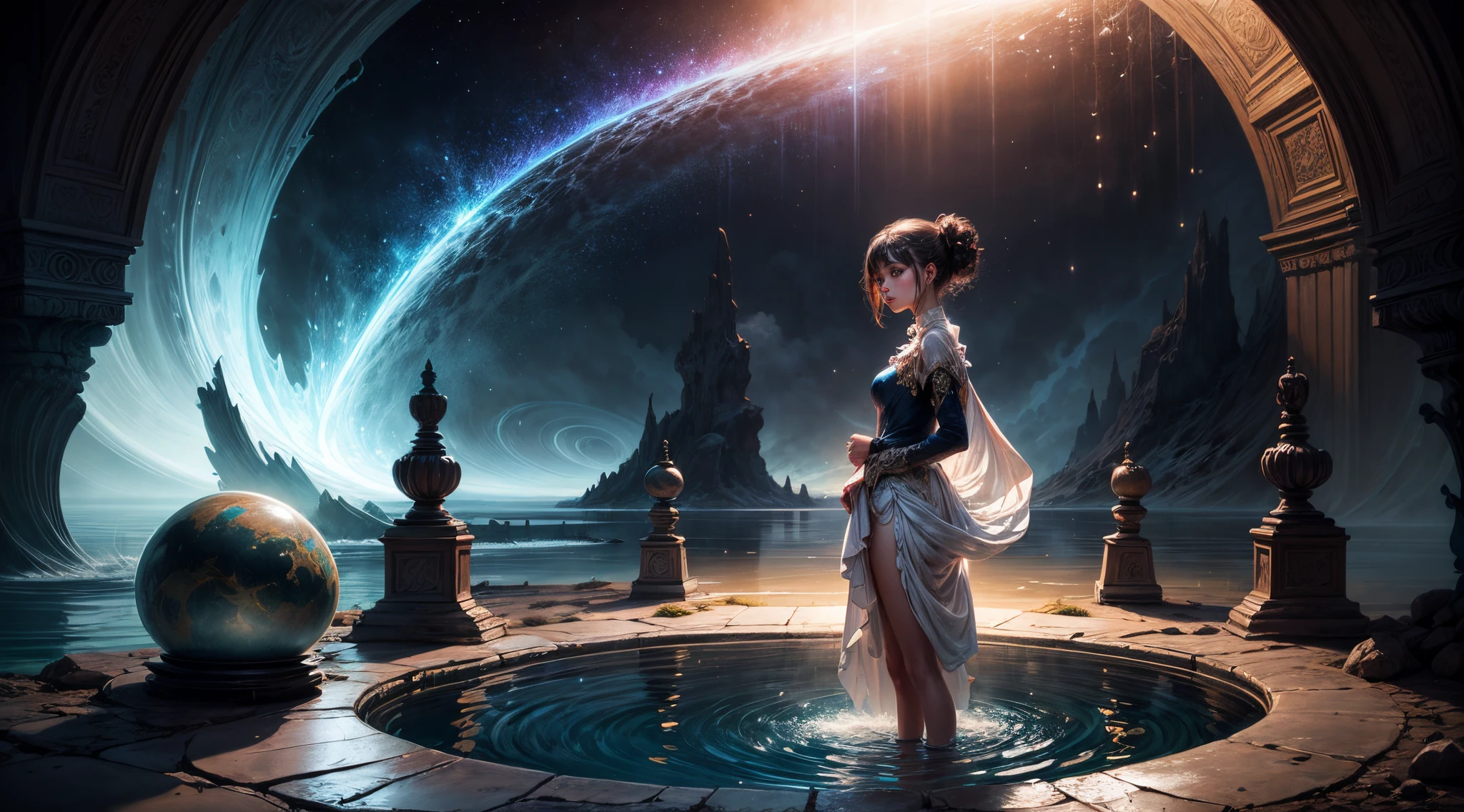 Painting: An enchanting artwork portraying a girl wearing silk, standing at the edge of a mystical pool, surrounded by swirling enchantments, with the distant planet casting an ethereal light upon her.