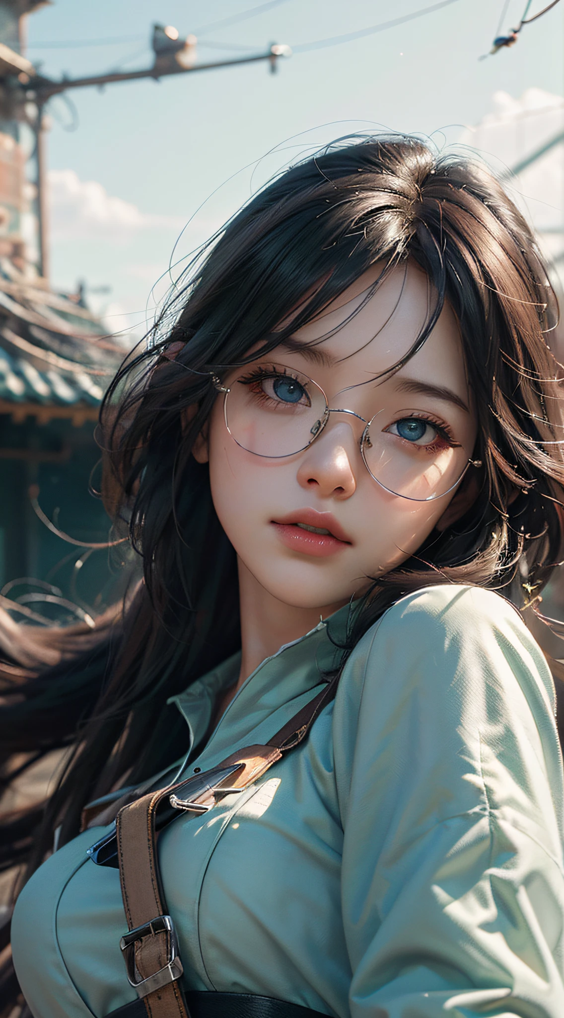 A woman with glasses and a green shirt posing for a picture - SeaArt AI
