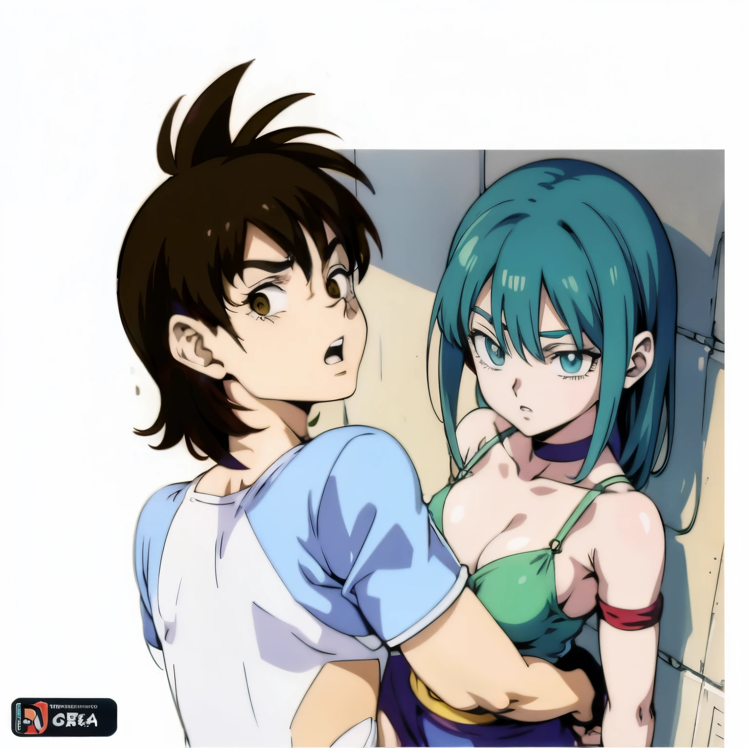 Desenho estilo Akira Toryama, casal encostado na parede, rapaz segurando garota pela cintura