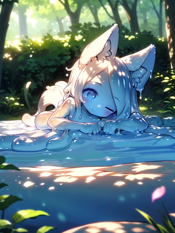 HDR, Excellent quality, 1. Slug Girl, white transparent body, transparent skin, translucent body, detailed slime body, (lying down:1.4) on the stomach, legs bent at the knees, petite curvy ,one eye is closed, Fox ears, Foxtail, short tail, One Tail, with a beautiful face, ssmile, woods