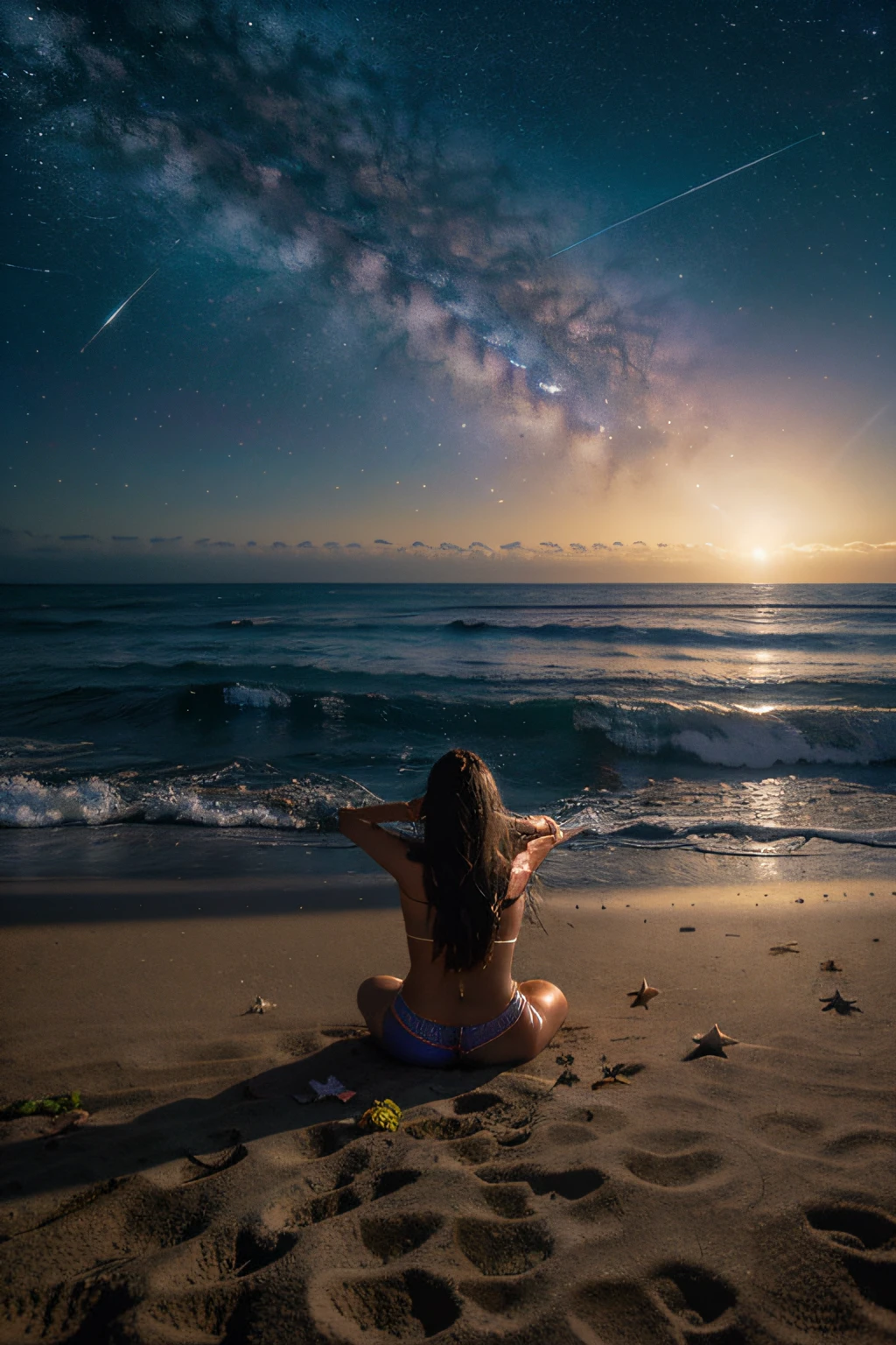 a beach in outer space, we find an extraordinary fusion between the serenity of an earthly beach and the cosmic vastness of the universe.
areia cintilante: Um "areia" is composed of small granules of stardust that glow with a soft luminosity. Cada passo deixa uma trilha de brilho, while the sand seems to transform March into a constellation beneath your feet.
Cosmic Light Waves: o "Marz" is composed of ethereal waves of cosmic light that move in mesmerizing patterns. Elas fluem suavemente, radiating a variety of nuclei, de azuis profundos a vermelhos vibrantes, enquanto eles quebram na costa estelar.
Cosmic Coconut Trees: Coqueiros estelares pontilham a paisagem, its leaves seem to be made of pure cosmic energy. They wave gently in the cosmic breeze, emitindo uma luz suave que ilumina a praia.
Guarda-chuvas Nublados: Guarda-chuvas flutuantes, feitos de nuvens interessantes, provide soft shadows and create rest areas for those who wish to contemplate the celestial spectacle. As you move, os guarda-chuvas parecem mudar de forma, reflecting the dynamics of the surrounding space.
Galactic Shells: Em vez de conchas, the beach is adorned with galactic shells, each containing intricate astronomical patterns. Umlgumas delas emitem suaves resplendores estelares, Adding a magical touch to the landscape.
Planetas no Horizonte: No horizonte, planetas e estrelas formam uma silhueta distante. Its outlines are visible against the cosmic sky, creating a unique horizon line that combines earthly familiarity with stellar splendor.
Infinite starry sky: The night sky is an explosion of stars, constellations and galaxies, providing an ever-evolving cosmic spectacle. A Milky Way stretches like a ribbon of light, dotted with countless stars that add a dimension of infinity to the landscape.