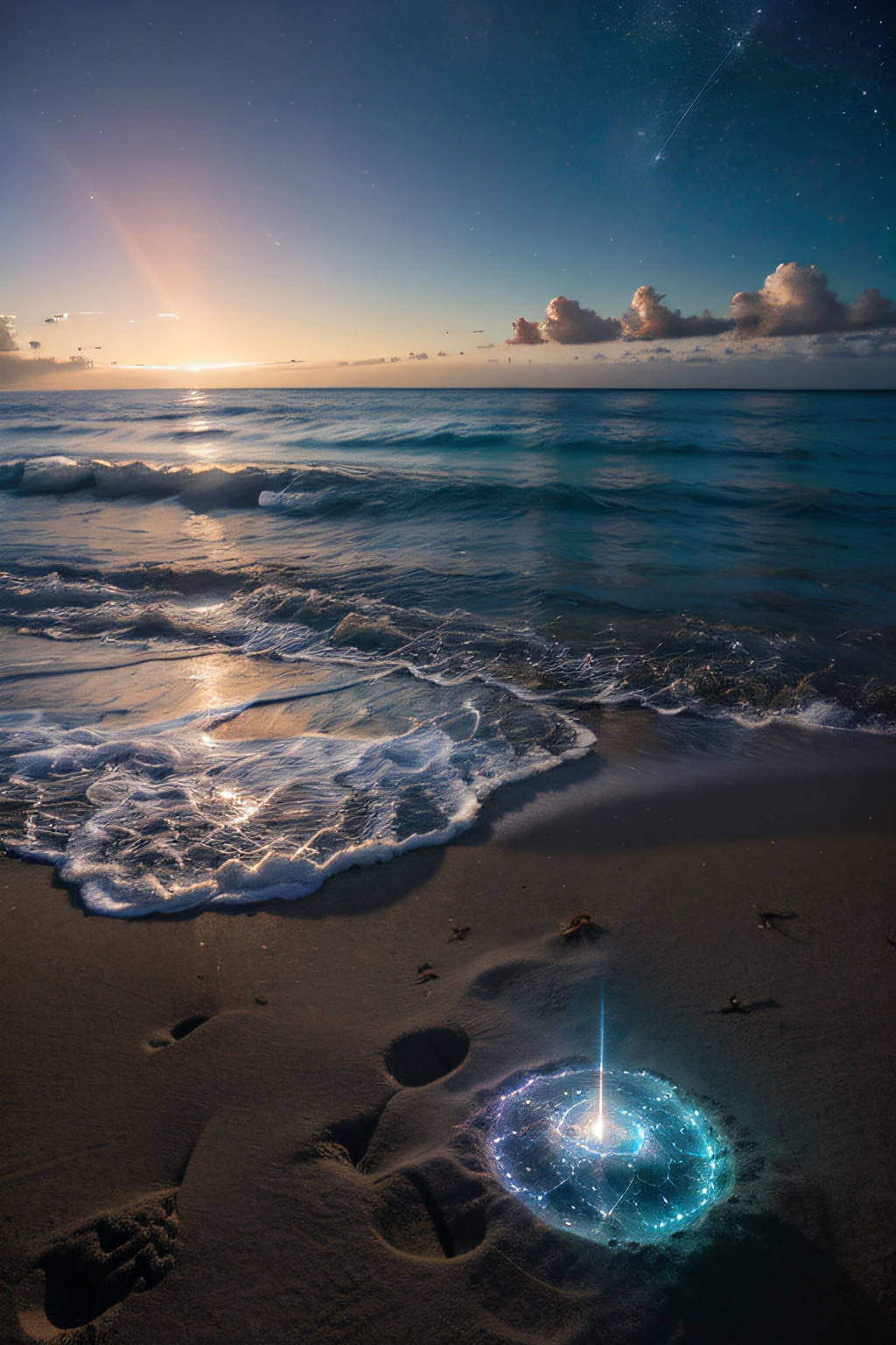 a beach in outer space, we find an extraordinary fusion between the serenity of an earthly beach and the cosmic vastness of the universe.
areia cintilante: Um "areia" is composed of small granules of stardust that glow with a soft luminosity. Cada passo deixa uma trilha de brilho, while the sand seems to transform March into a constellation beneath your feet.
Cosmic Light Waves: o "Marz" is composed of ethereal waves of cosmic light that move in mesmerizing patterns. Elas fluem suavemente, radiating a variety of nuclei, de azuis profundos a vermelhos vibrantes, enquanto eles quebram na costa estelar.
Cosmic Coconut Trees: Coqueiros estelares pontilham a paisagem, its leaves seem to be made of pure cosmic energy. They wave gently in the cosmic breeze, emitindo uma luz suave que ilumina a praia.
Guarda-chuvas Nublados: Guarda-chuvas flutuantes, feitos de nuvens interessantes, provide soft shadows and create rest areas for those who wish to contemplate the celestial spectacle. As you move, os guarda-chuvas parecem mudar de forma, reflecting the dynamics of the surrounding space.
Galactic Shells: Em vez de conchas, the beach is adorned with galactic shells, each containing intricate astronomical patterns. Umlgumas delas emitem suaves resplendores estelares, Adding a magical touch to the landscape.
Planetas no Horizonte: No horizonte, planetas e estrelas formam uma silhueta distante. Its outlines are visible against the cosmic sky, creating a unique horizon line that combines earthly familiarity with stellar splendor.
Infinite starry sky: The night sky is an explosion of stars, constellations and galaxies, providing an ever-evolving cosmic spectacle. A Milky Way stretches like a ribbon of light, dotted with countless stars that add a dimension of infinity to the landscape.