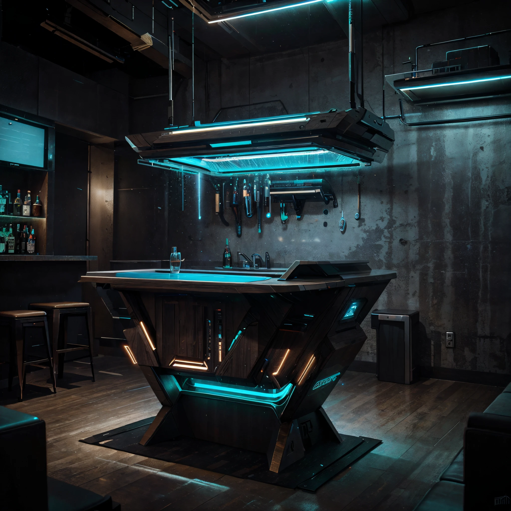 The bar table is designed in a futuristic way, Modern and technological style, com fitas de LED azuis e uma barra branca