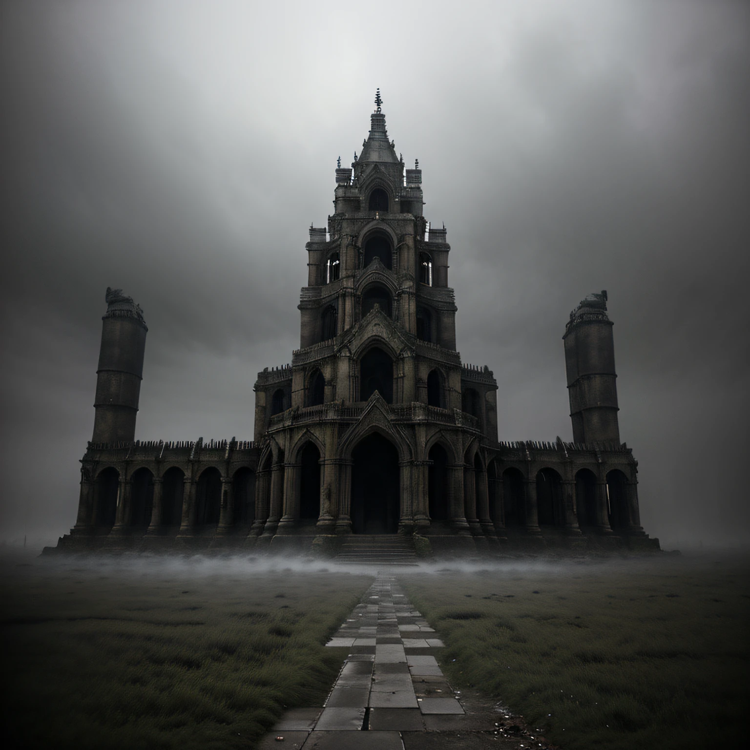 chthonic art, Horror atmosphere, Masterpiece, chthonically abandoned world, giant chthonic abandoned medieval buildings, Heavy fog, grey sky, overcast sky, rare trees, Grey Wasteland, Horror atmosphere, (the presence of something scary), highly detailed background