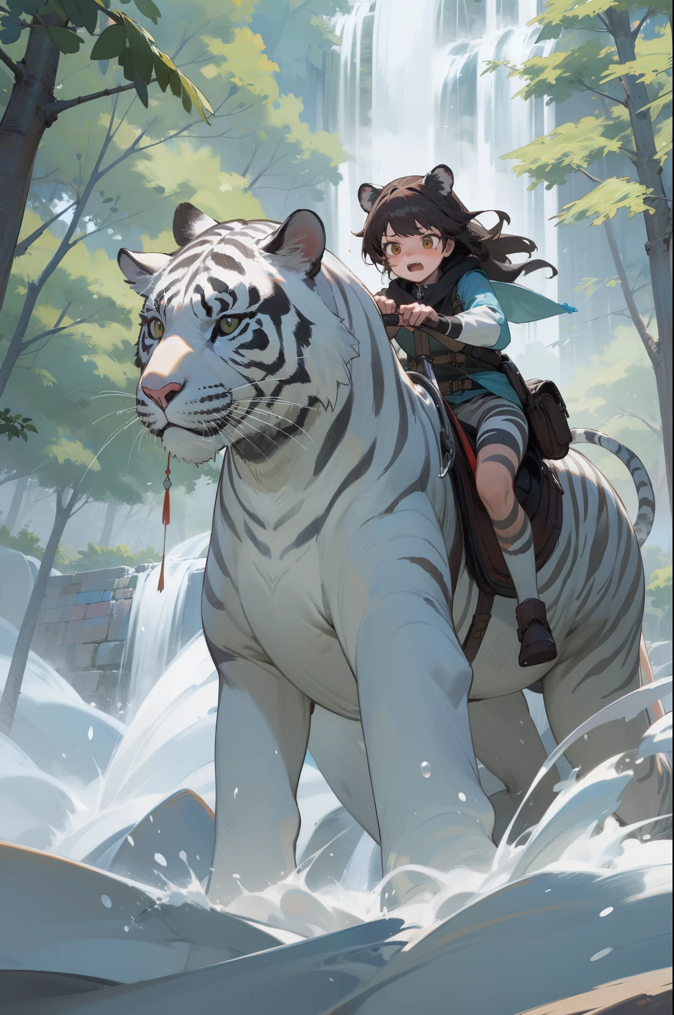 (outdoor, forest, waterfall), 1girl, white tiger, riding, (scared:1.3), masterpiece, best quality, 8k, perfect anatomy