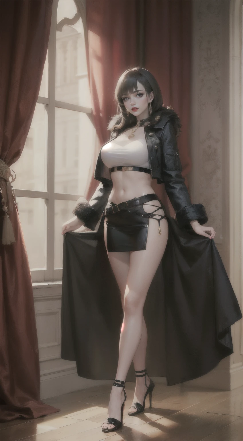 1 beautiful women,Crop topping,Mature lady,full bodyesbian, Redlip,fur,Superskirt, Black stockings beautiful legs,heeled sandals,Extremely detailed,Dark brown hair,view the viewer(Masterpiece, Best quality:1.2)